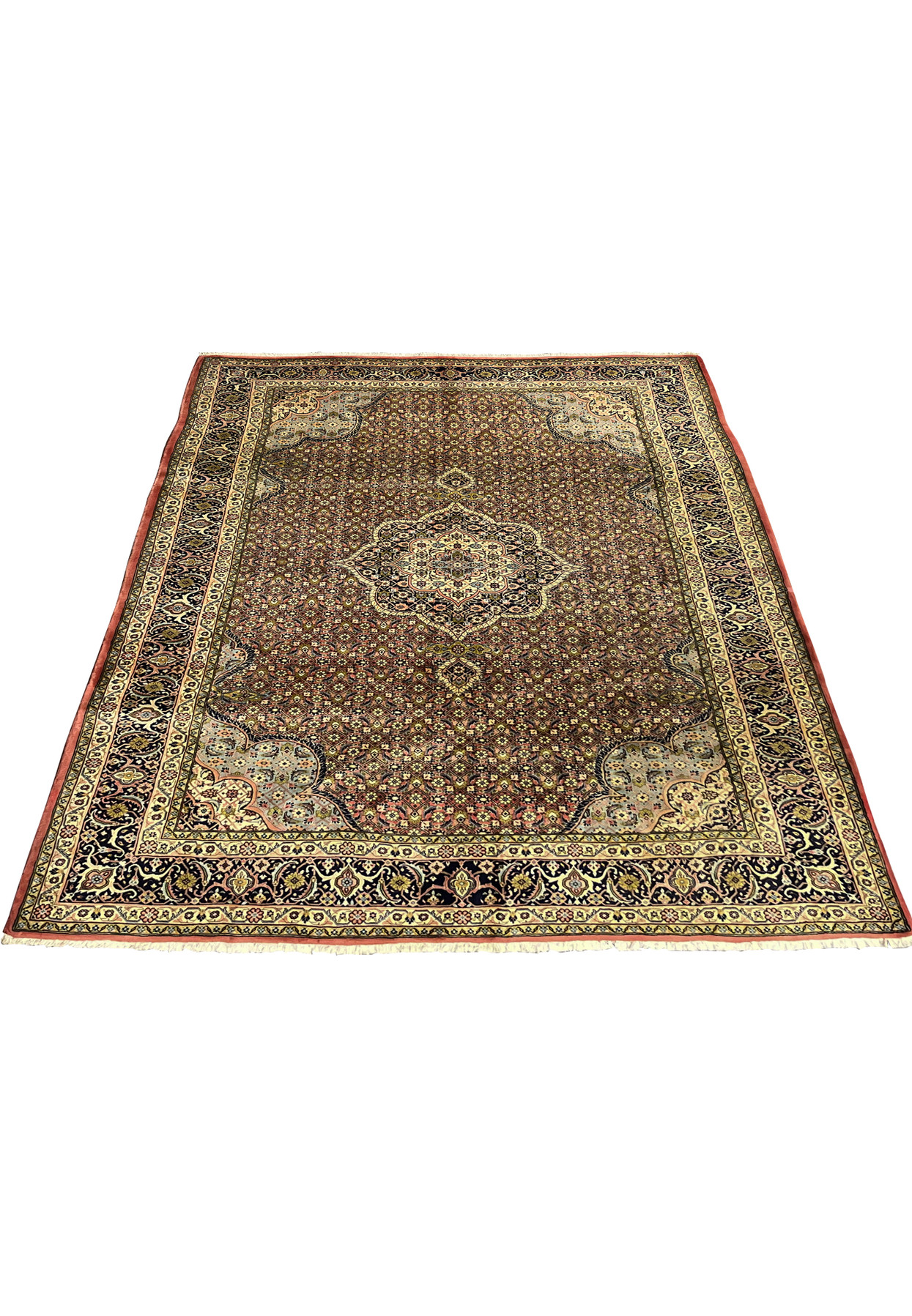 Top view of Persian Bijar iron rug showing balanced allover design and heavy wool construction