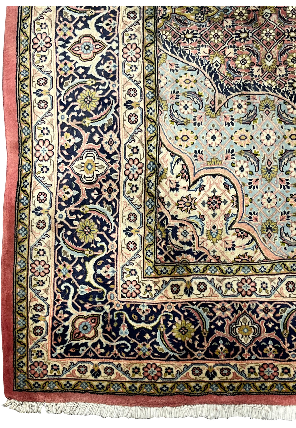 Wide border detail of Persian Bijar iron rug showing navy ground with floral medallions and precise hand-knotted outlines
