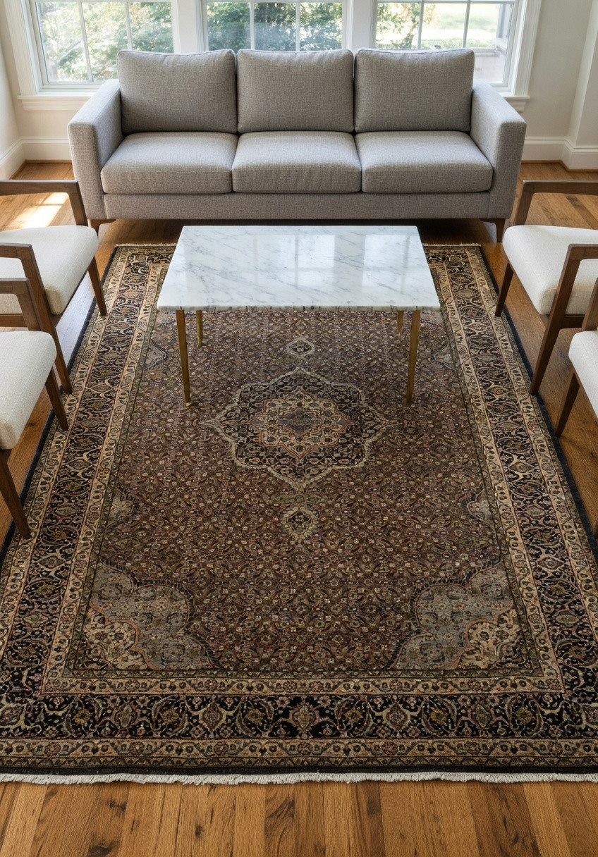 Full view of rare Persian Bijar iron rug