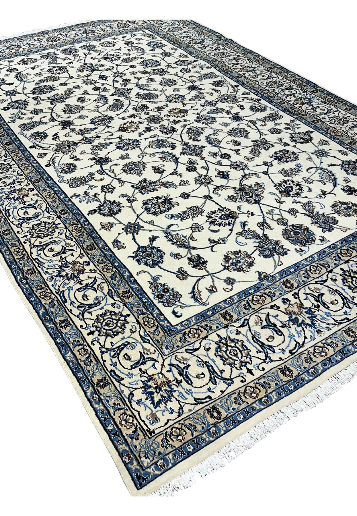 Angled perspective view of Persian Nain 9 LA rug showing pile texture and design depth