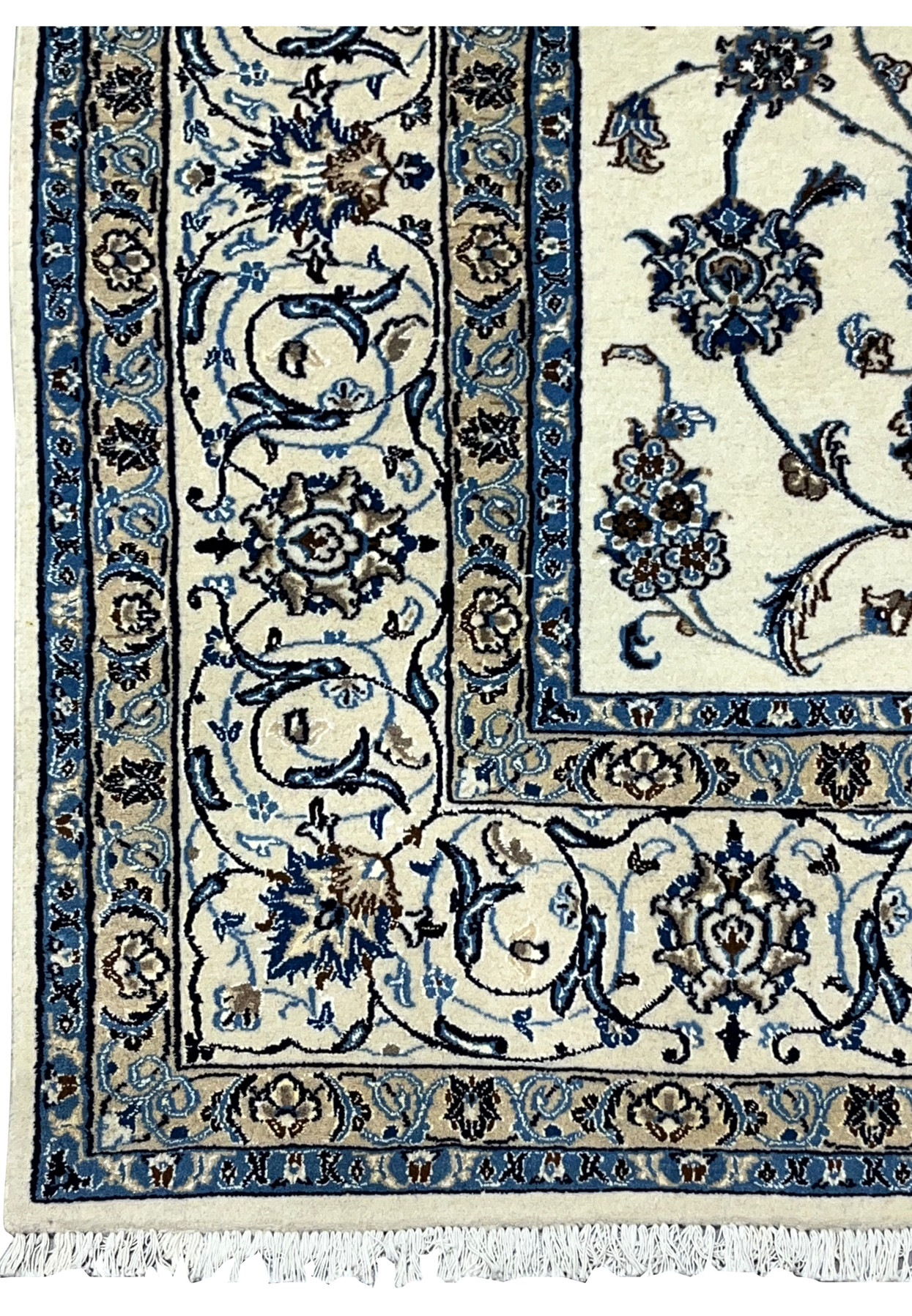 Detailed border closeup of Persian Nain rug highlighting fine knotting and silk accents