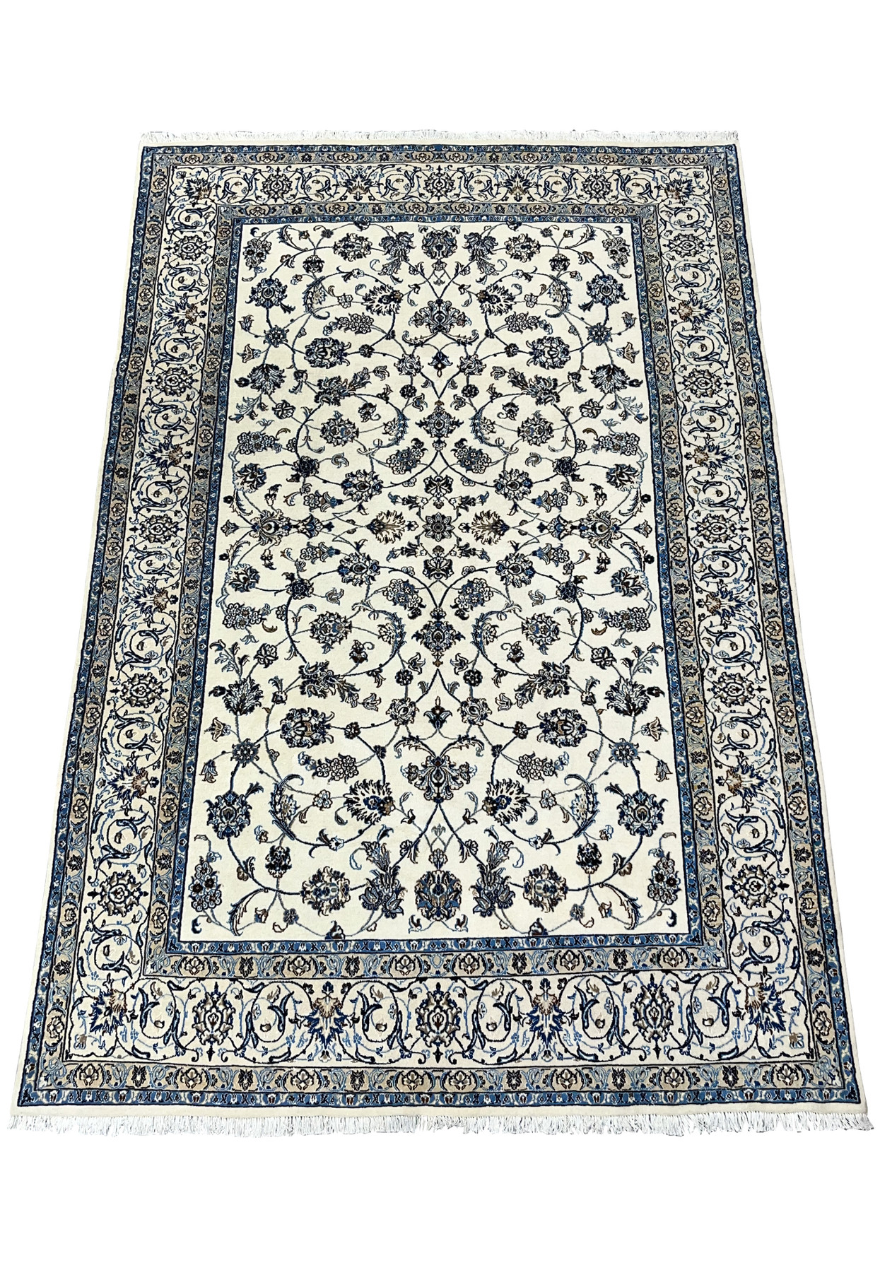 Top view of Persian Nain 9 LA rug showing balanced allover floral pattern on ivory background
