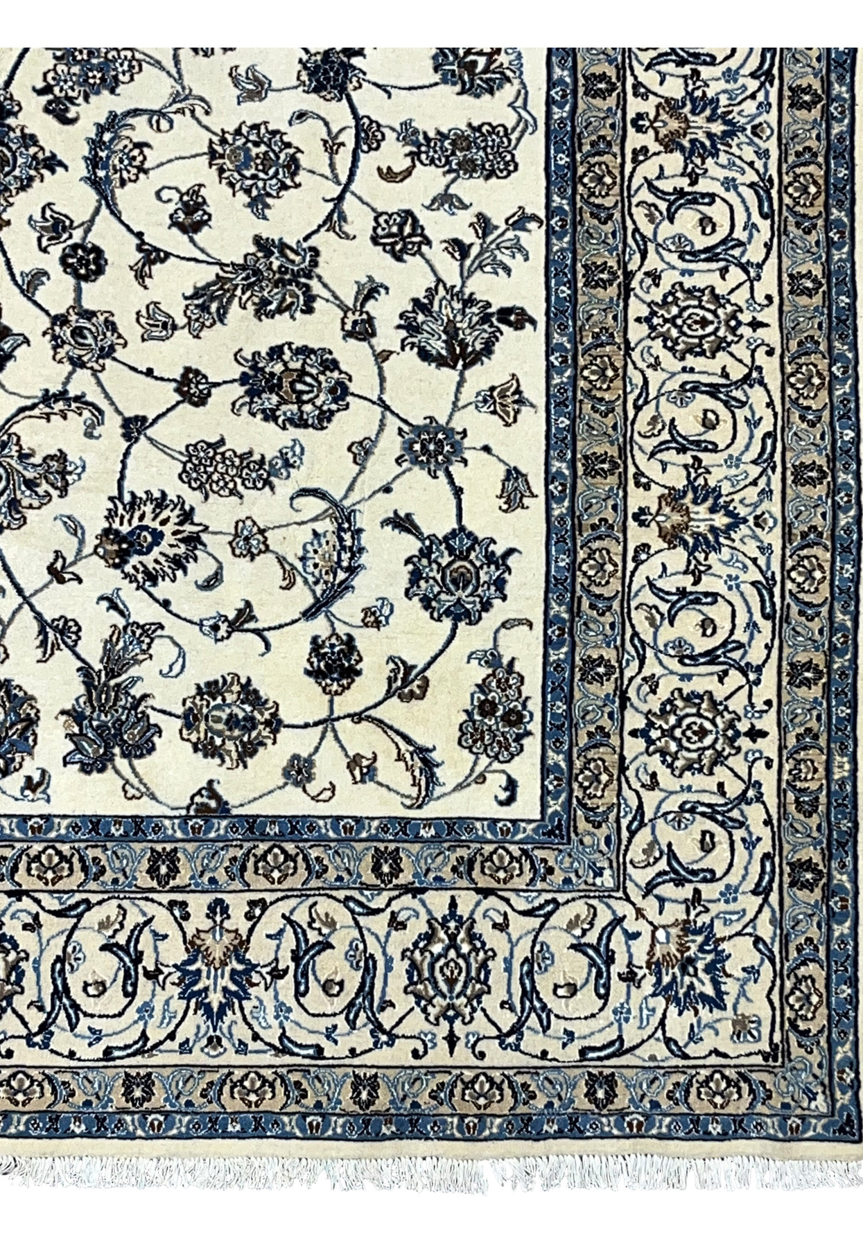 Main border of Persian Nain 9 LA rug with repeating floral motifs in navy and beige
