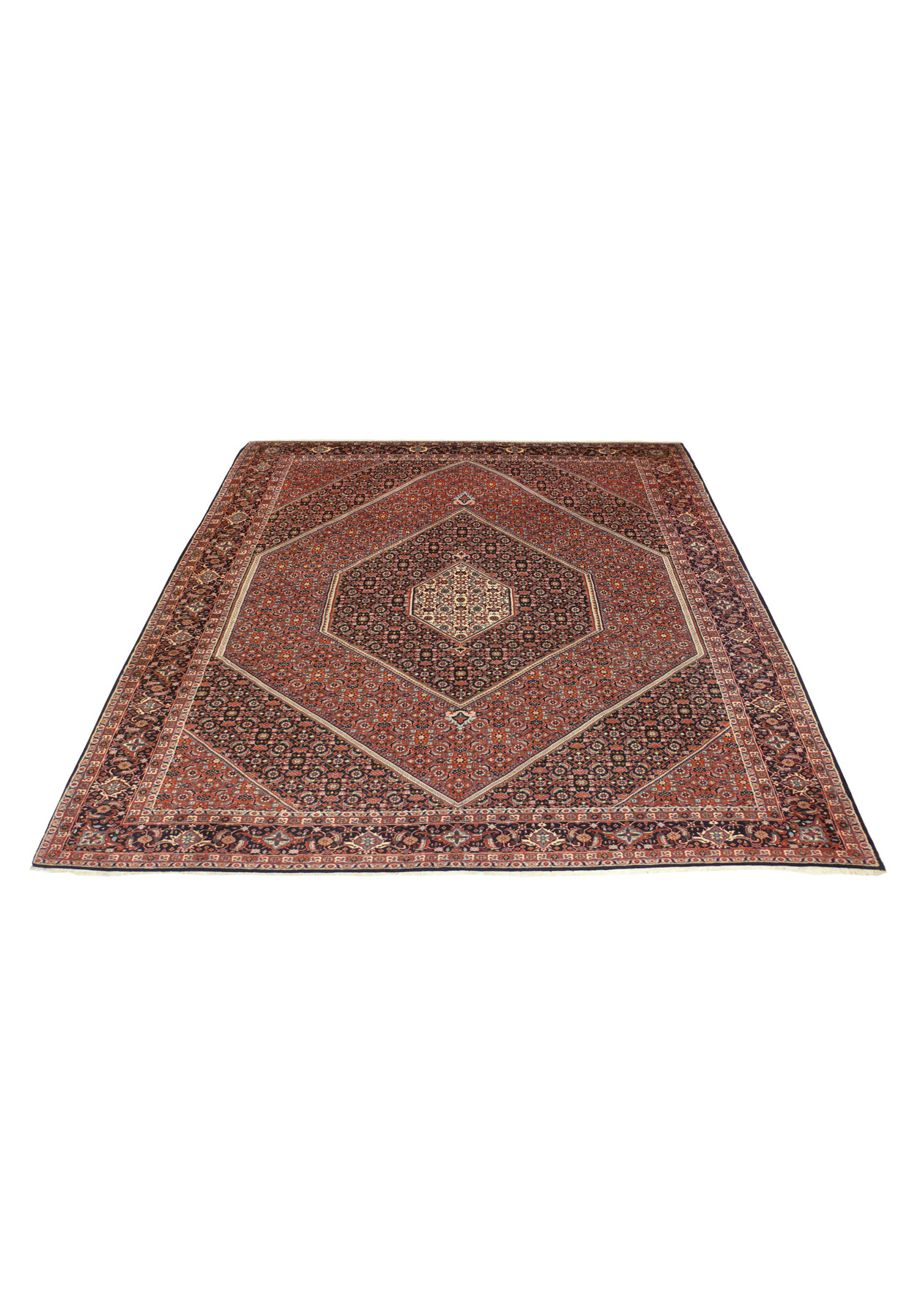 Bijar Persian iron rug laid on floor displaying dense geometric field, red ground, and symmetrical medallion design