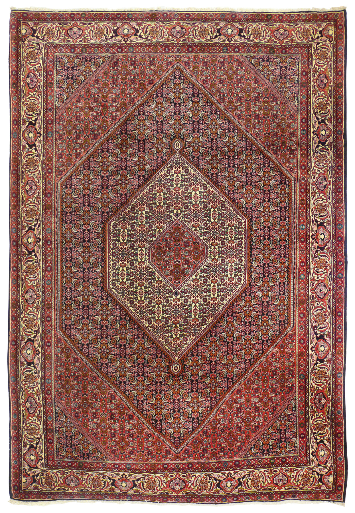Deep red 7x10 Persian Bijar iron rug with bold geometric medallion, hand-knotted wool, full view