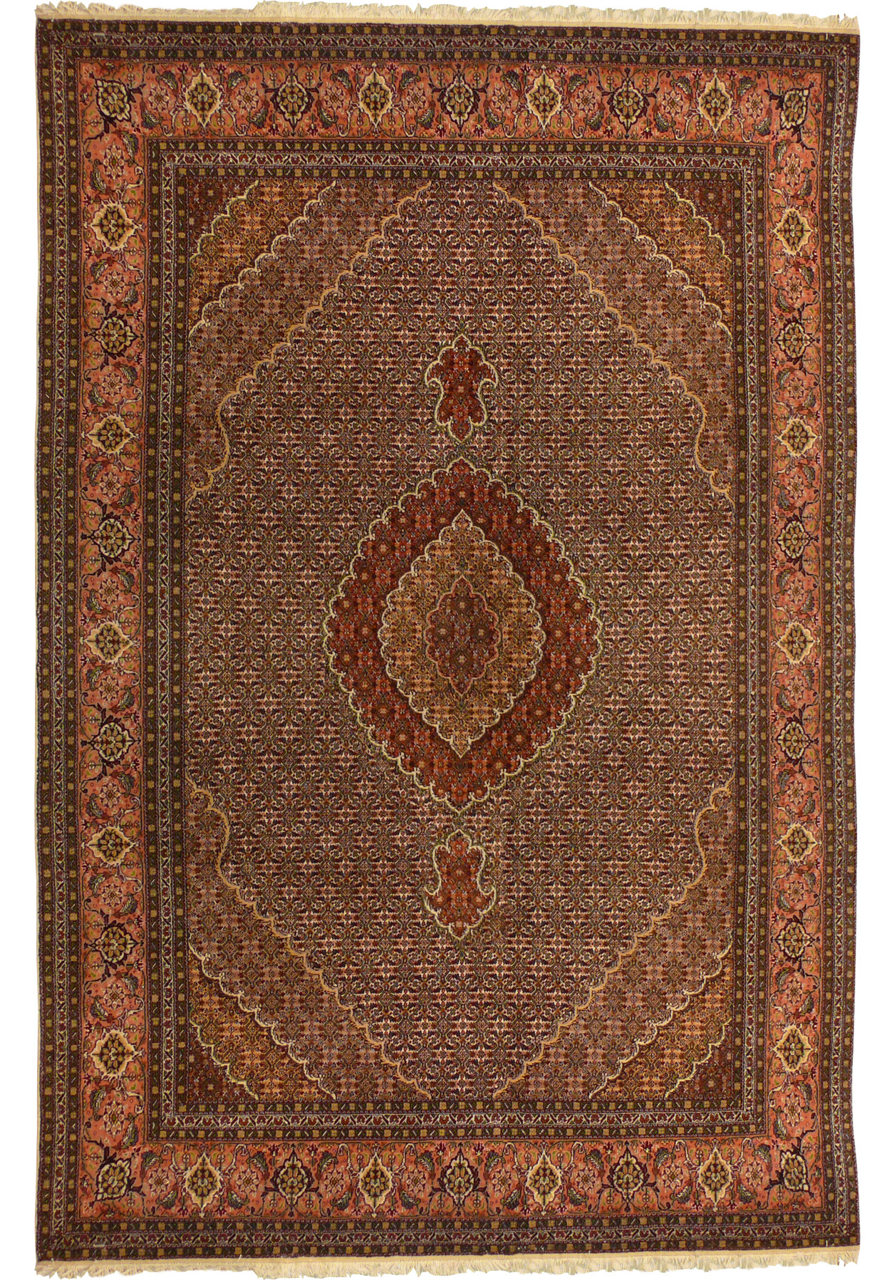 Full view of 6'6 x 10 Persian Tabriz Mahi rug with allover Herati design and earth tone palette