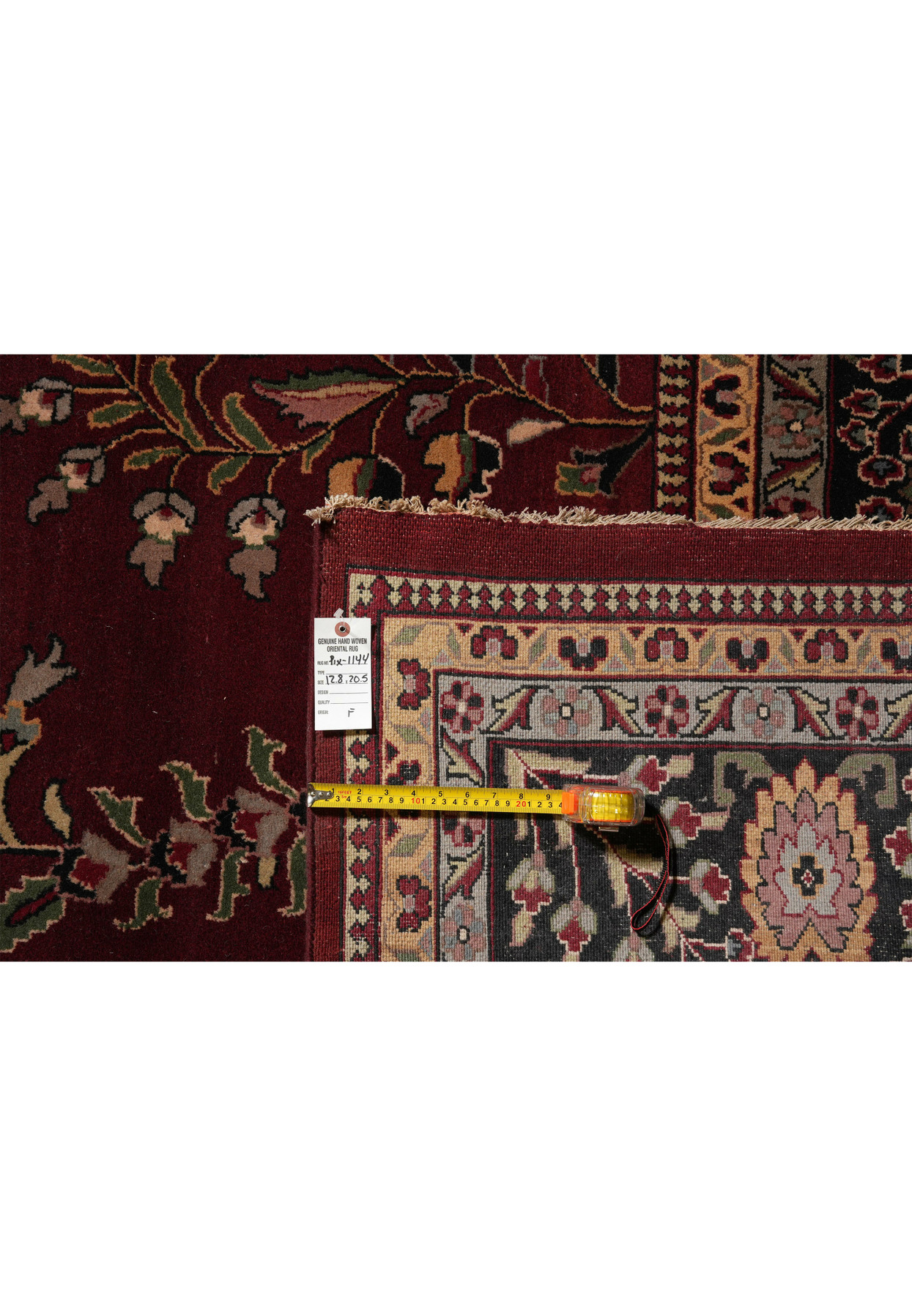 Backside of a 12'8 x 20'5 oversized Oriental Sarough rug showing tight wool knots, cotton foundation, and traditional Persian hand-knotted construction