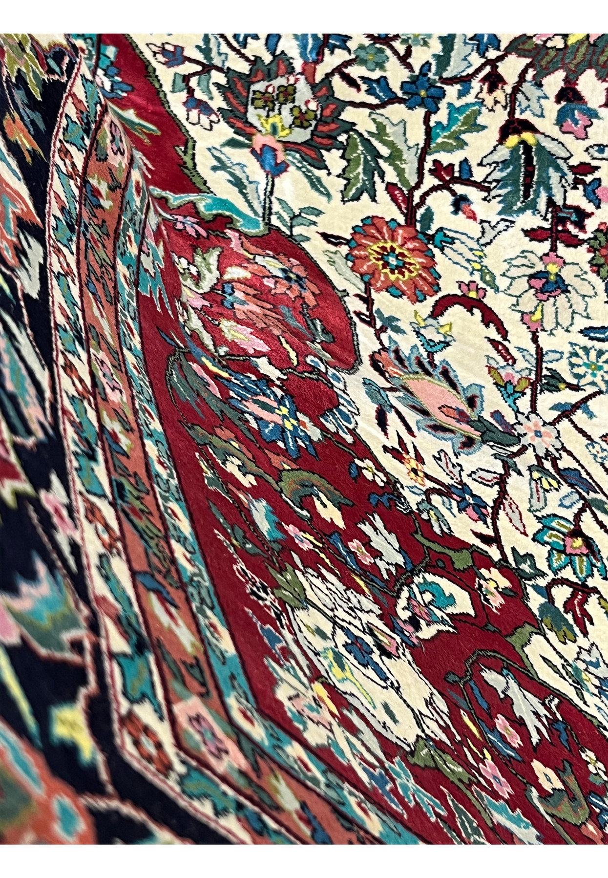 Foundation close-up of handwoven silk rug showing tight fine weave structure and precise knot alignment