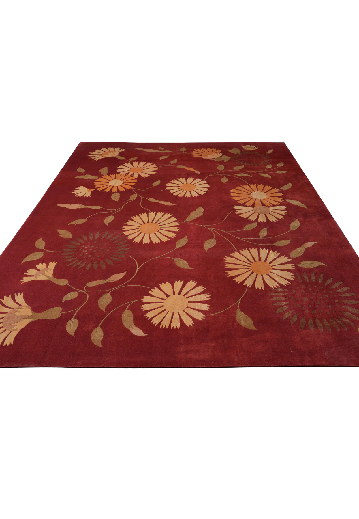 Low-angle wide view of a modern Tibetan wool and silk rug emphasizing its expansive red field, floral layout, and refined contemporary presence