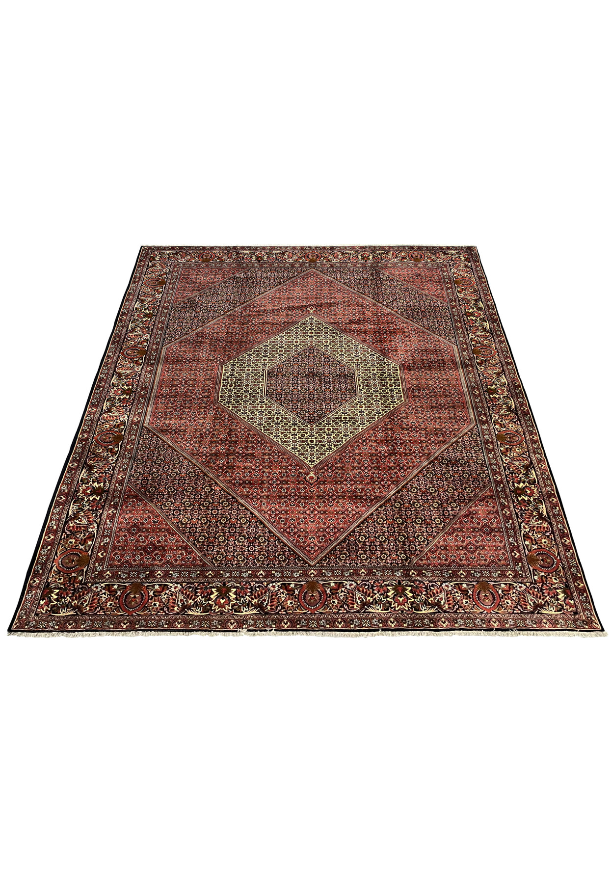 Hand knotted Persian Bijar iron rug laid flat showing central diamond medallion and dense red geometric field