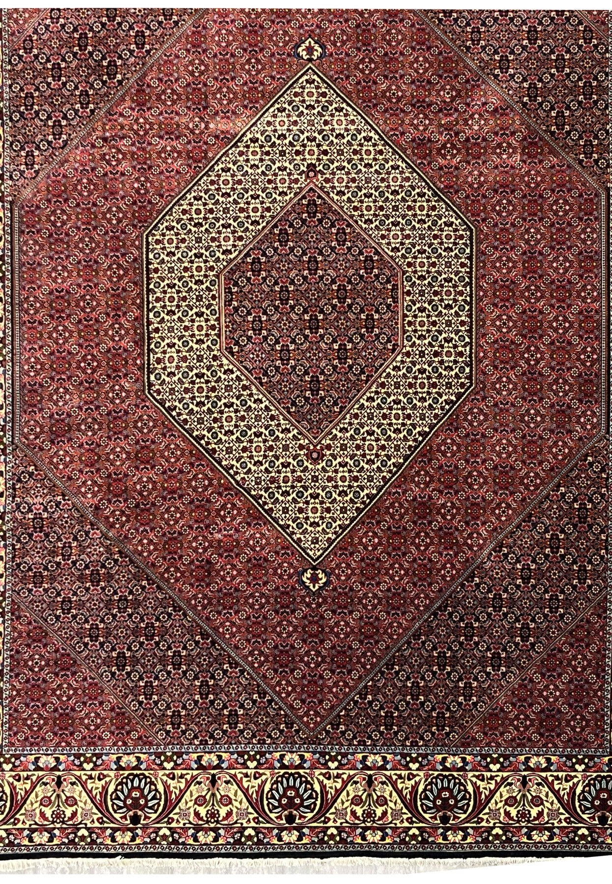 Lower section view showing geometric pattern transitions and rich red tones in a Persian Bijar rug
