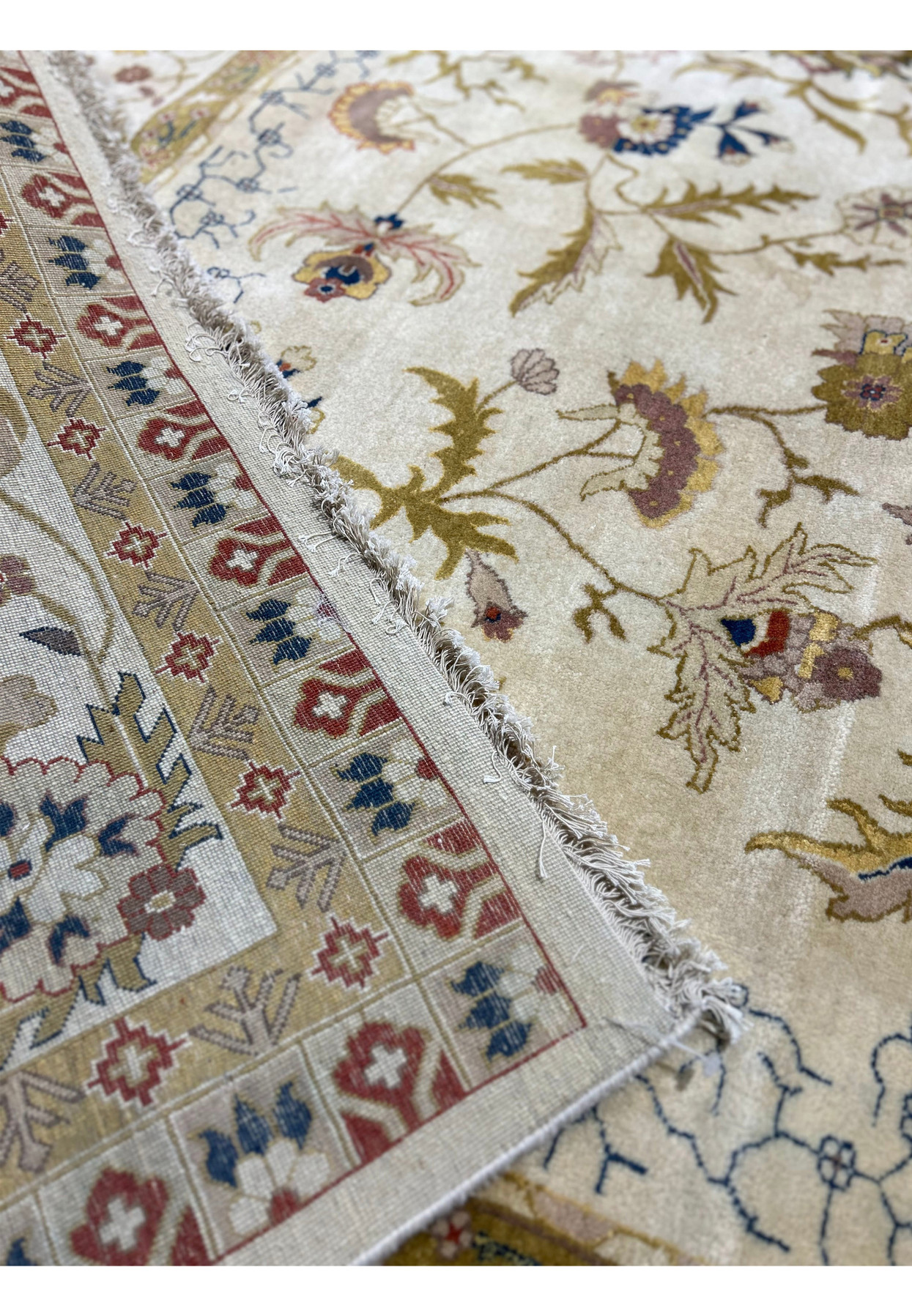 Full backside view highlighting the hand woven foundation and dense structure of an Indian Jaipur wool rug