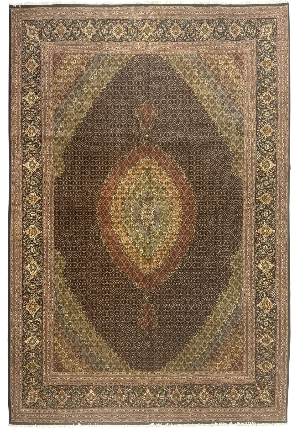 11'5 x 16'5 Persian Tabriz Mahi 50 Raj rug showing layered diamond medallion, dense allover herati pattern, and richly detailed floral borders in muted tones.
