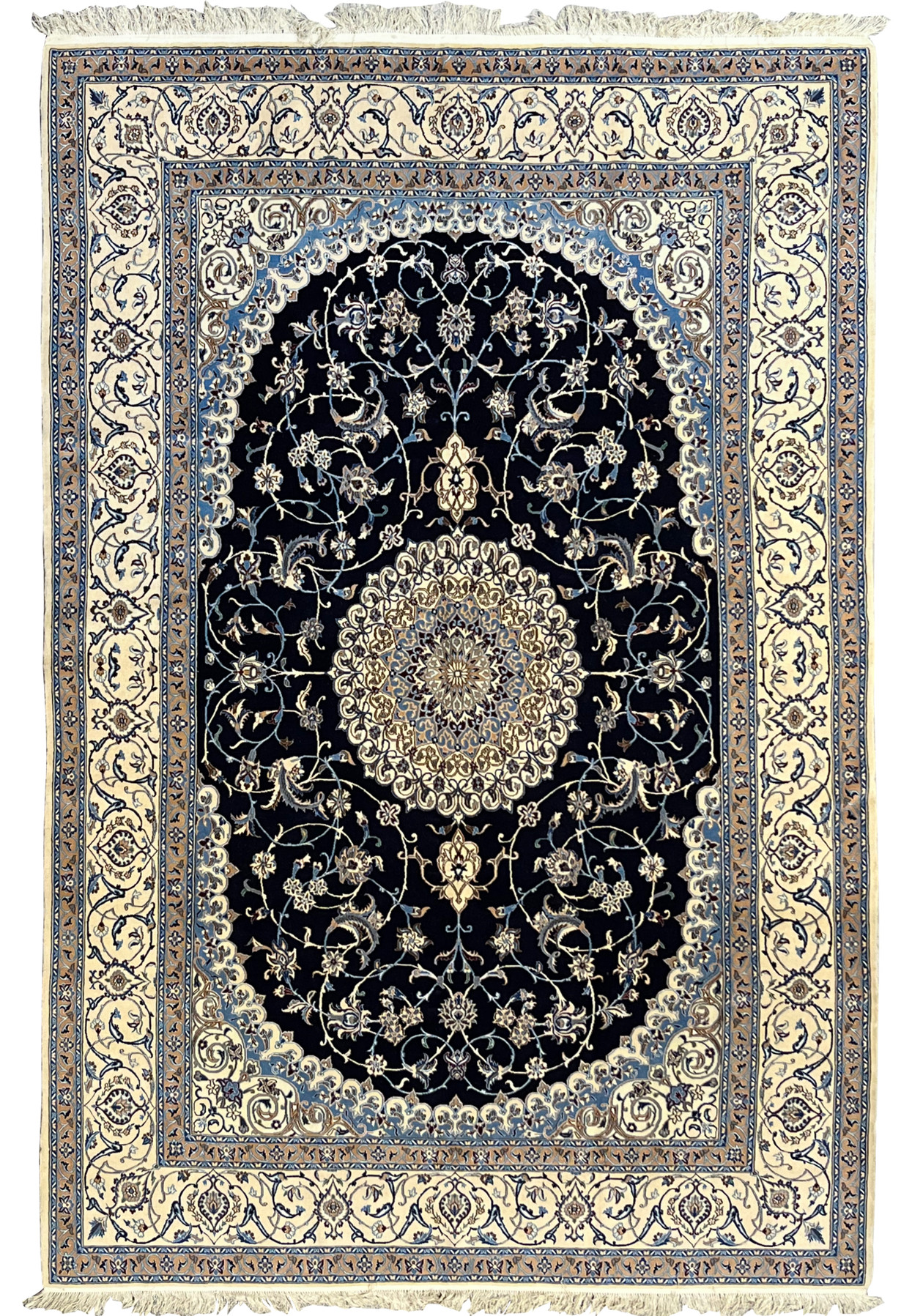 6'5 x 10 Persian Nain 6 LA silk rug with midnight navy field, ivory floral medallion, symmetrical design, refined borders, and detailed hand knotted craftsmanship