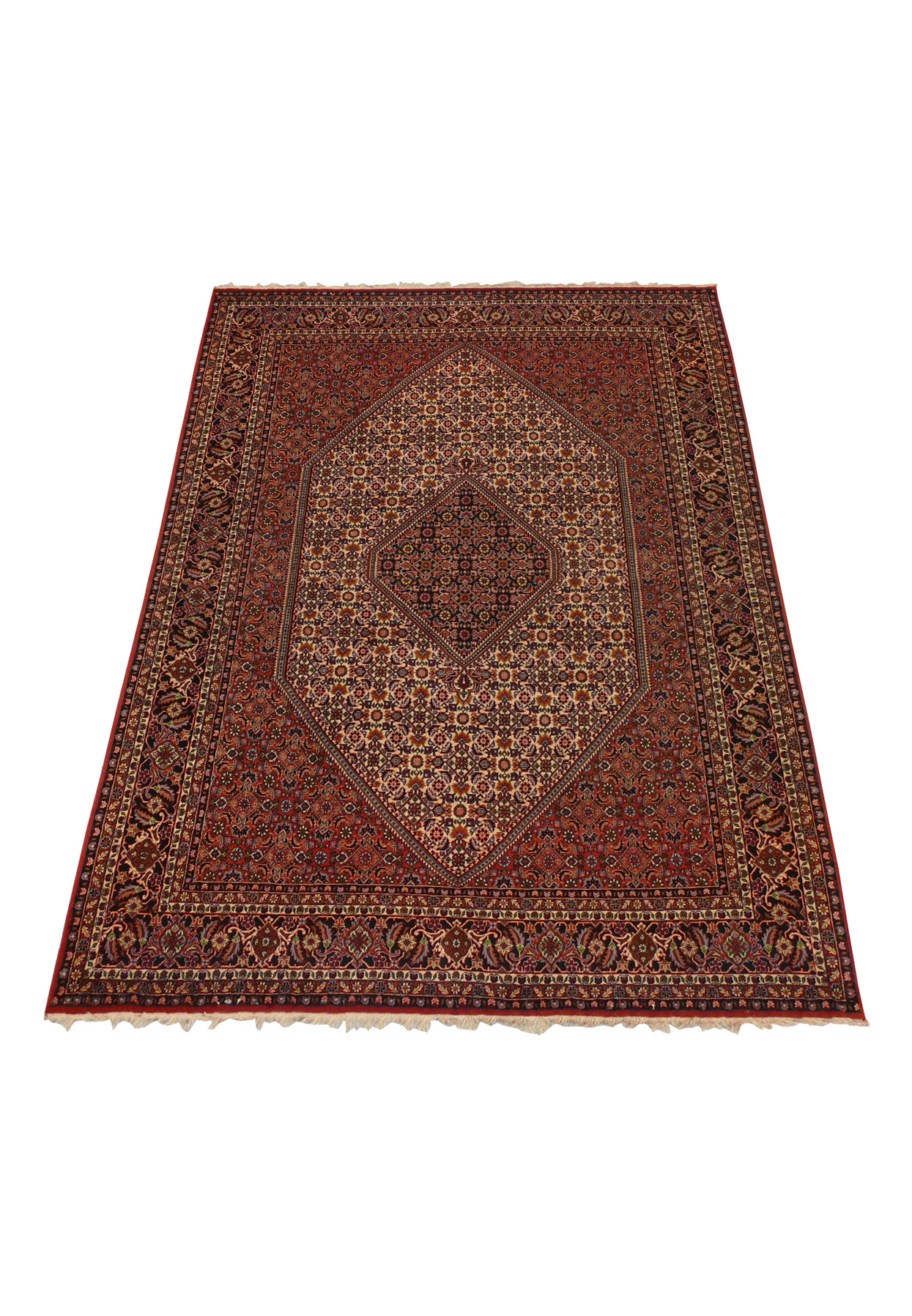 Laid flat view of a 6'5 x 10 Persian Bijar rug highlighting its symmetrical medallion layout, compact weave, strong borders, and classic Kurdish design