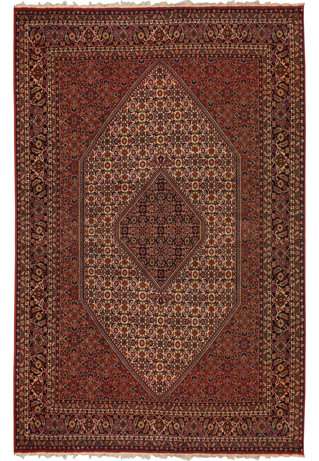 Full view of a 6'5 x 10 authentic Persian Bijar rug featuring a deep brick red field, ivory diamond medallion, dense floral motifs, and dark navy borders