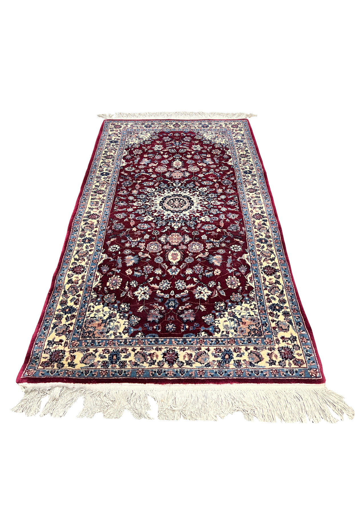 Laid flat view of a 2'4 x 4'7 Persian Tabriz rug highlighting its centered medallion, deep burgundy ground, ivory framing, and detailed floral pattern