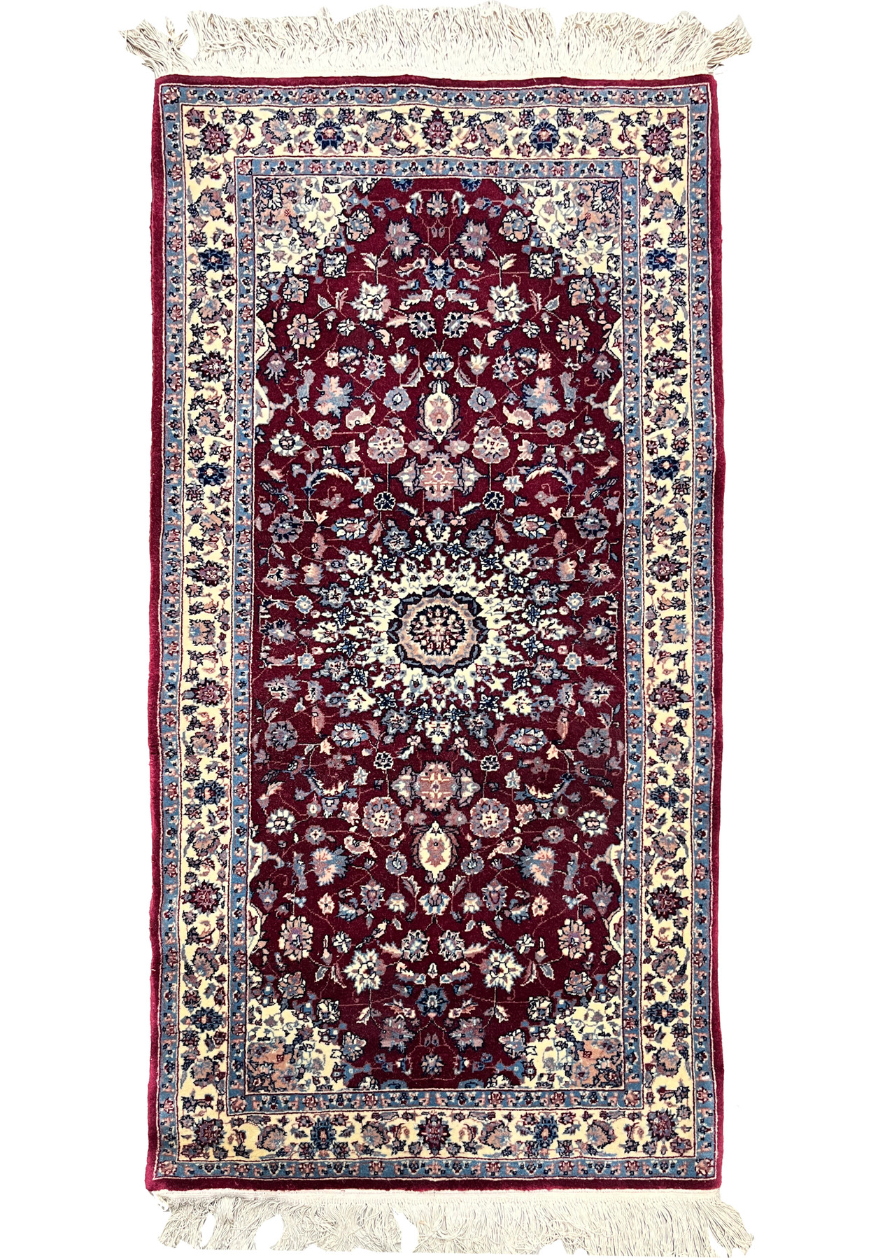 Full view of a 2'4 x 4'7 Persian Tabriz medallion rug with a rich burgundy field, ivory border, floral motifs, and balanced traditional layout