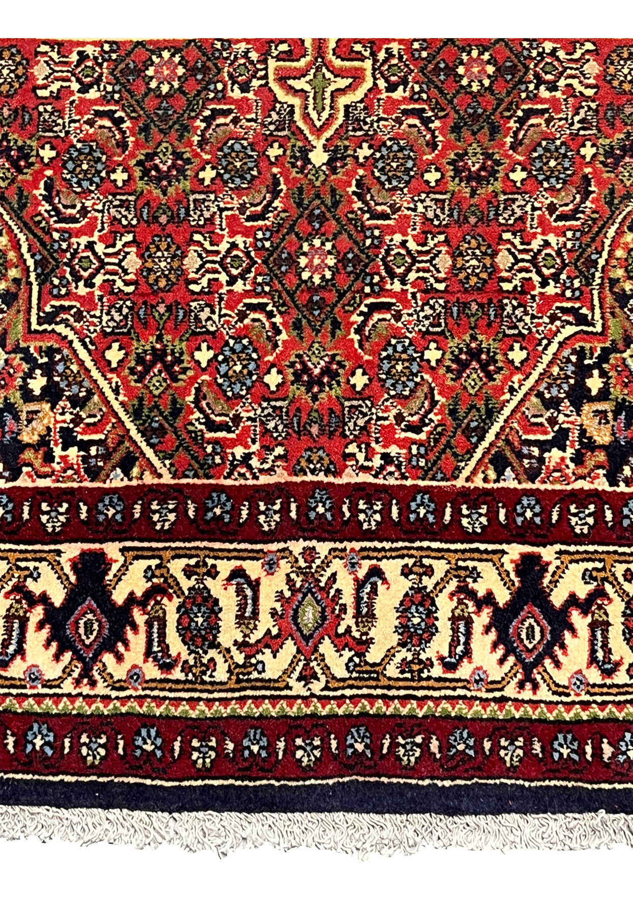 Lower border view of a Persian Bijar rug featuring layered framing, deep red tones, floral rosettes, and strong visual definition