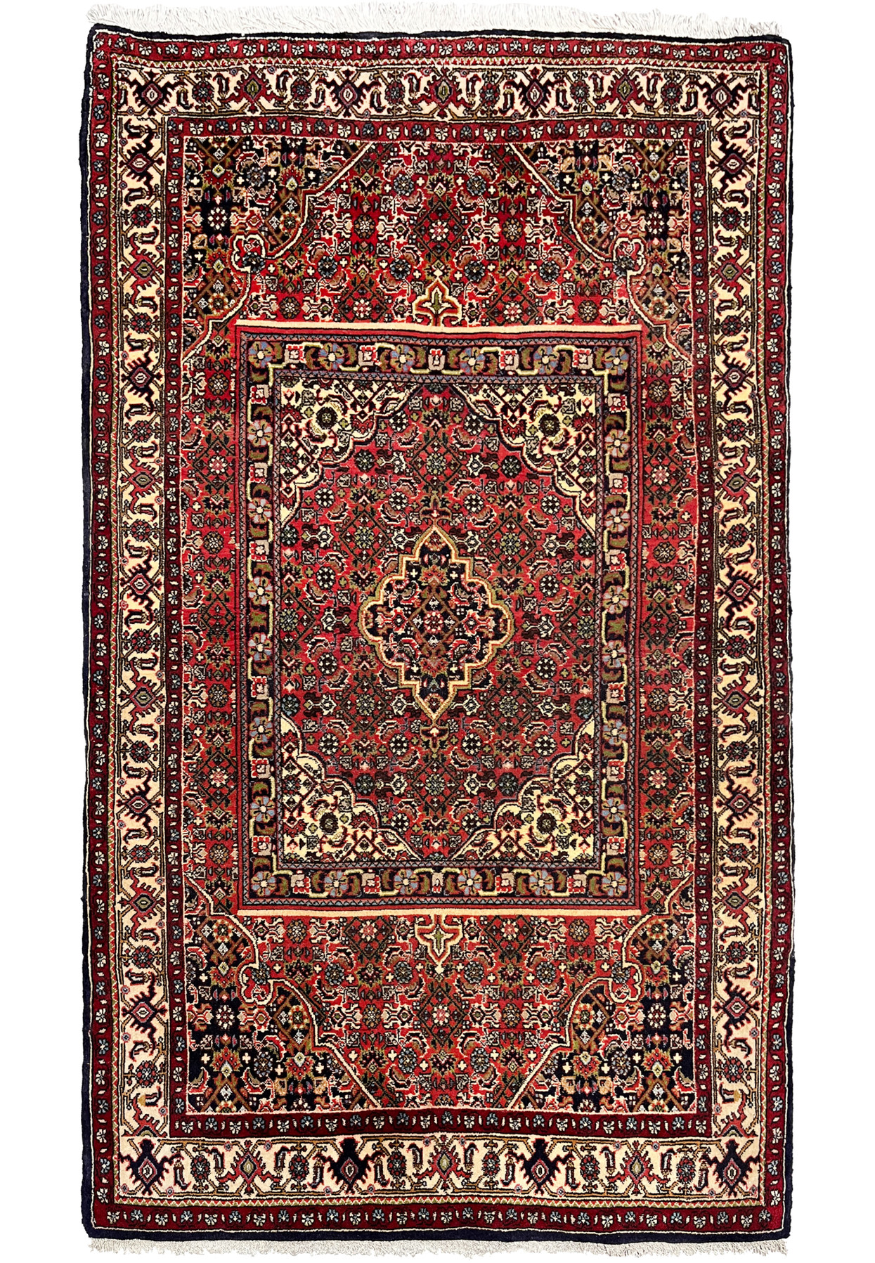 Full view of a 3 x 5 Persian Bijar rug featuring a rug-in-rug design, deep red field, ivory borders, dense wool pile, and structured symmetry