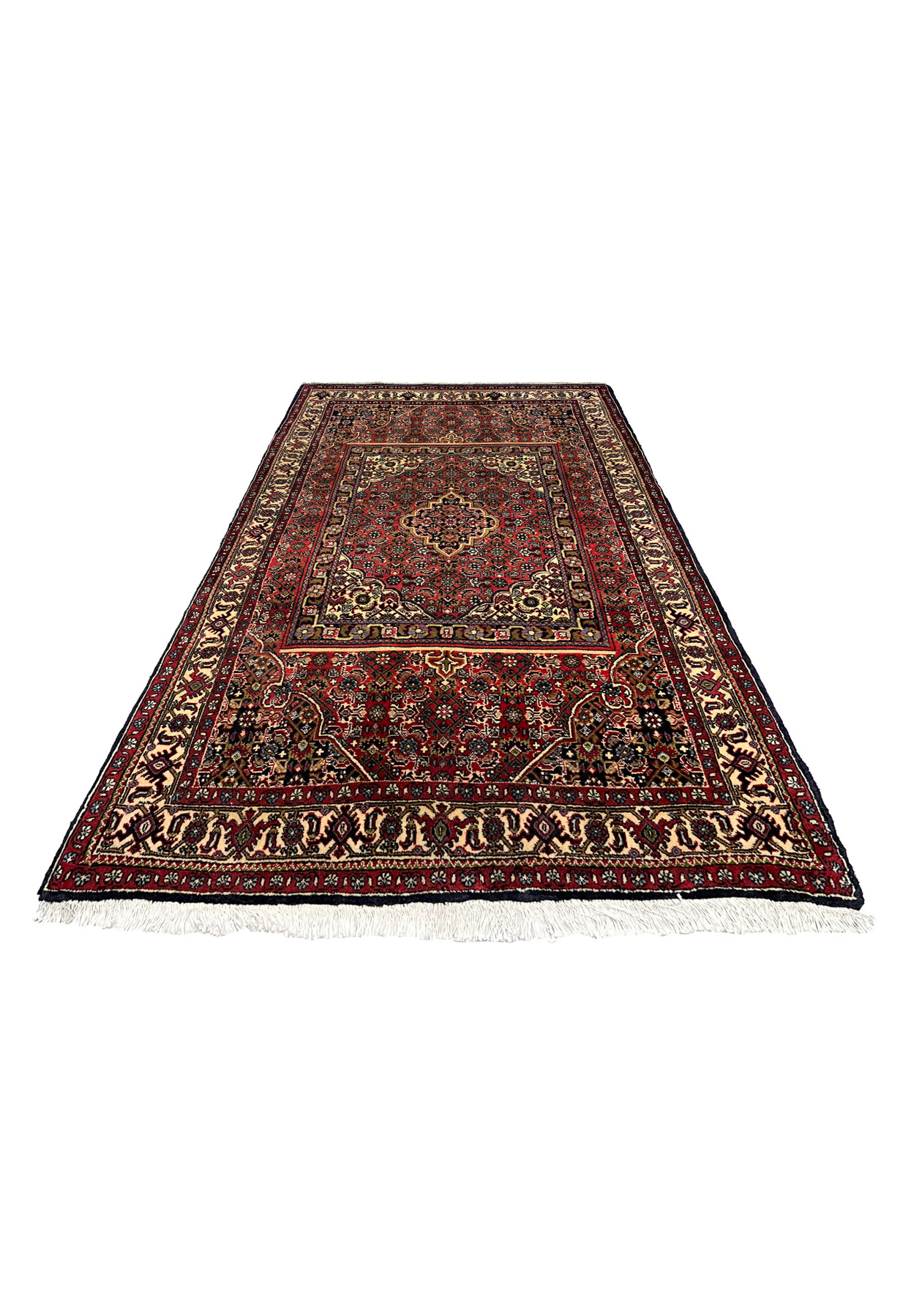 Laid flat view of a Persian Bijar rug showing layered rug-in-rug composition, bold red tones, navy accents, and tightly packed wool texture