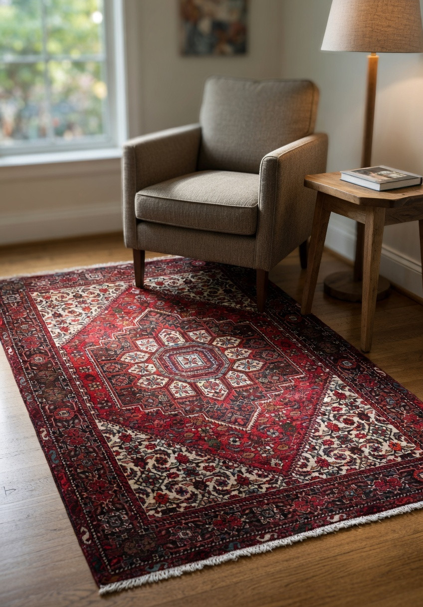 Full view of a 3'4 x 5'5 authentic Persian Gholtogh rug