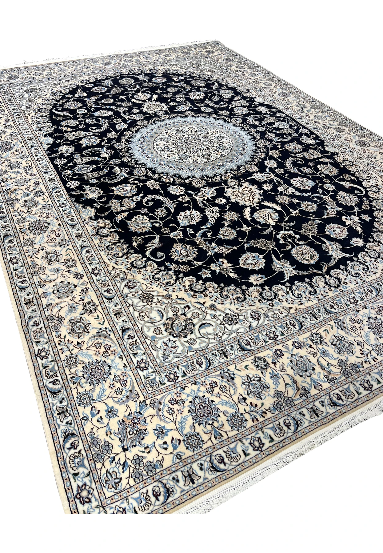Perspective view of Persian Nain Habibian signed silk rug emphasizing depth, structure, and luminous silk pattern clarity