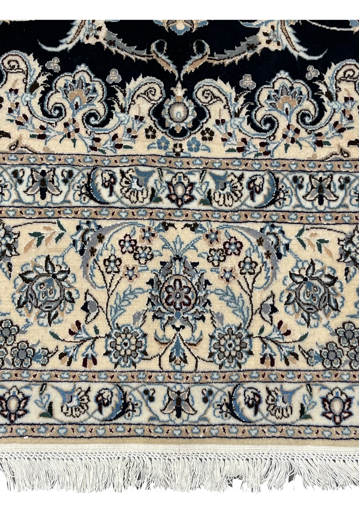 Lower border closeup of Persian Nain 6 LA silk rug with layered floral bands, ivory ground, and precise Habibian workshop detailing