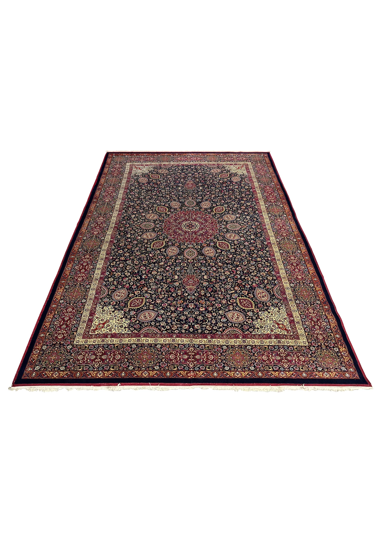 Large Persian Mashad rug laid flat showing balanced medallion design, intricate floral vines, silk highlights, flatwoven silk selvages, and refined Iranian craftsmanship.