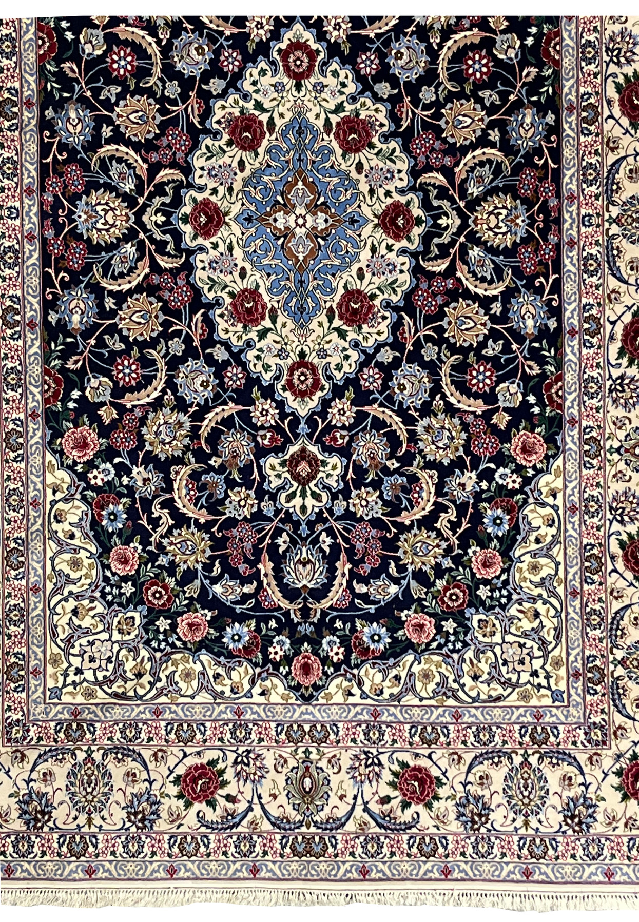 Lower section of Persian Isfahan wool and silk rug showing border clarity, floral repeats, and consistent fine knot weaving