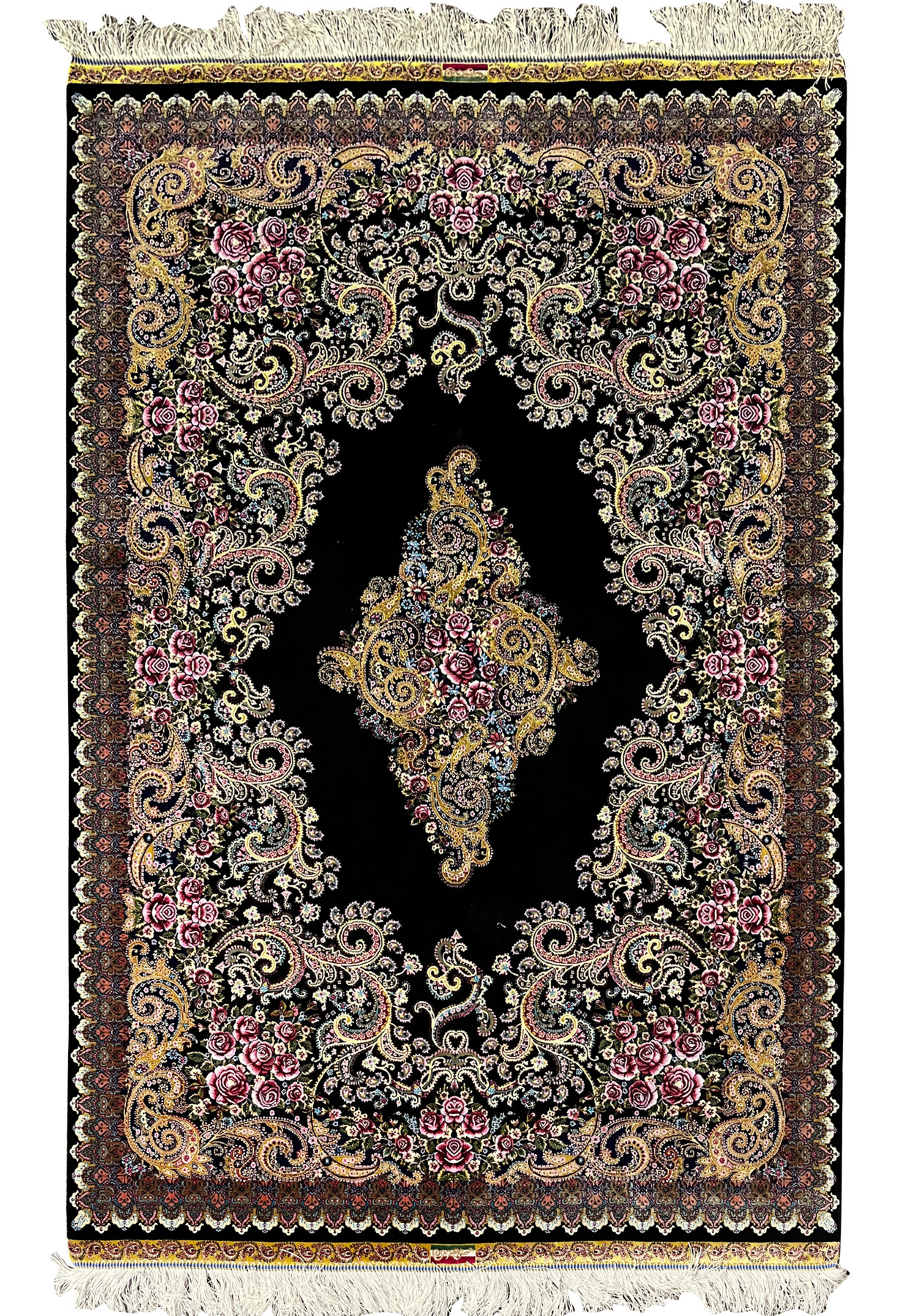 Full view of a signed Persian Qum pure silk rug featuring a black background, ornate medallion, and floral borders