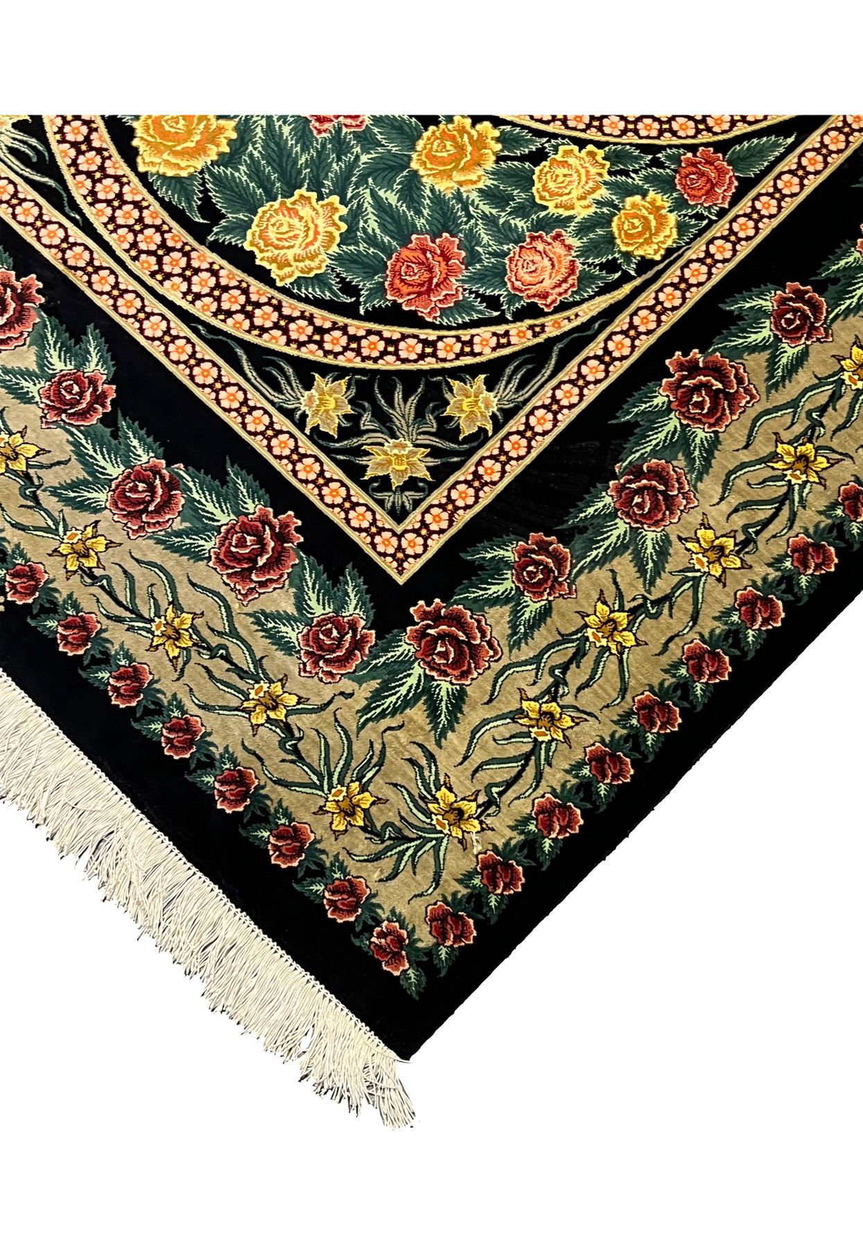 Edge detail of a 3'5 x 5'2 Persian Qum pure silk rug showing tight finishing, even silk pile, and sharply defined borders along the outer frame