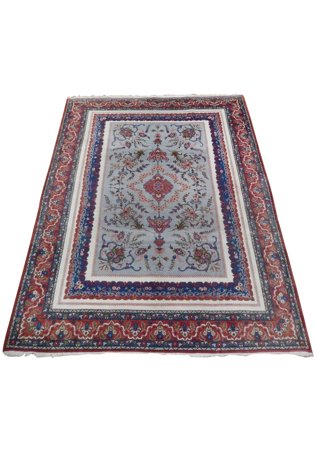 Full top-down view of a grey Persian Isfahan rug with symmetrical floral layout, central medallion, bird motifs, and classic multi-border frame