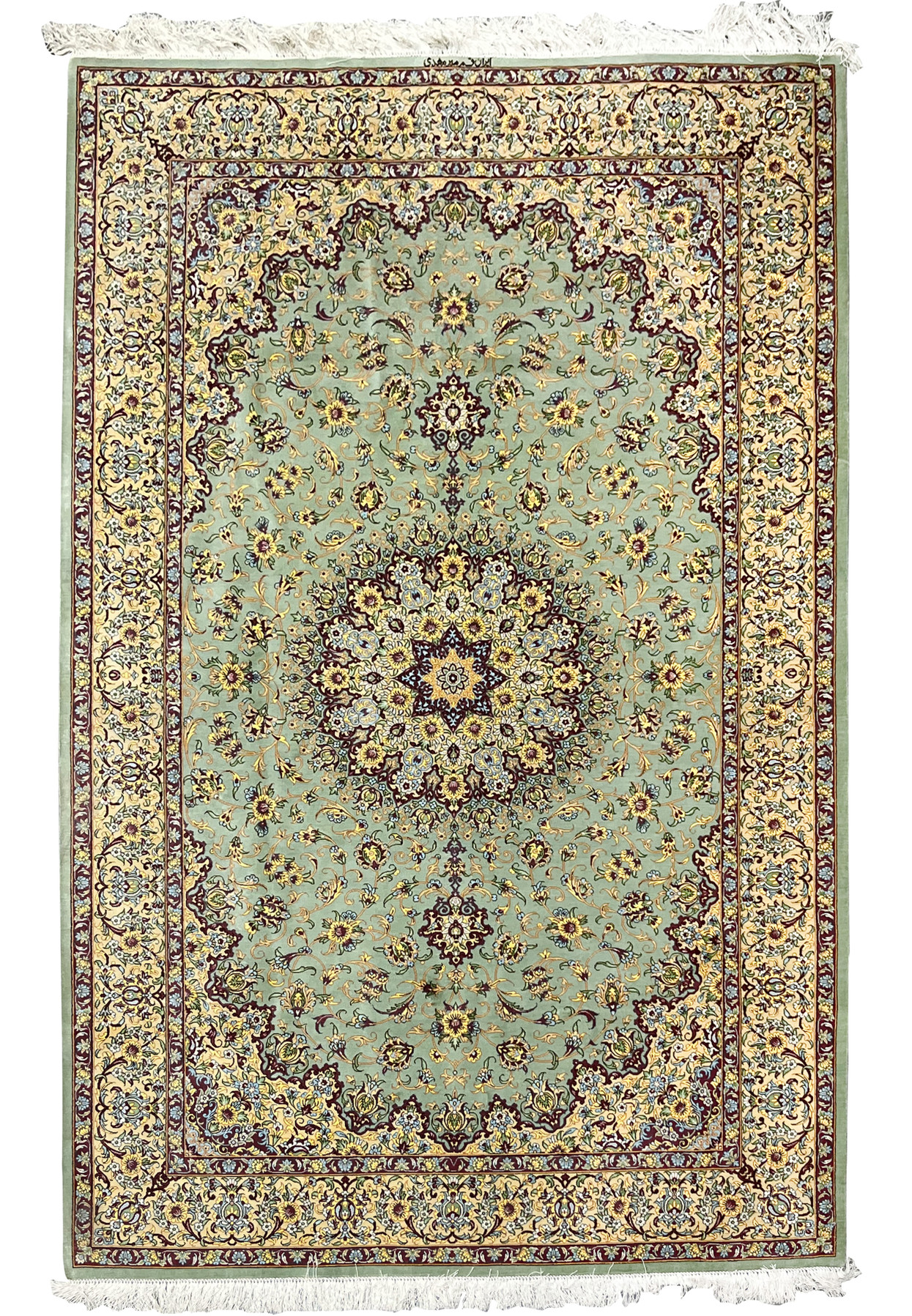 Top-down full view of a Persian Qum pure silk rug signed Mirmehdi with balanced floral layout, central medallion, and refined color harmony