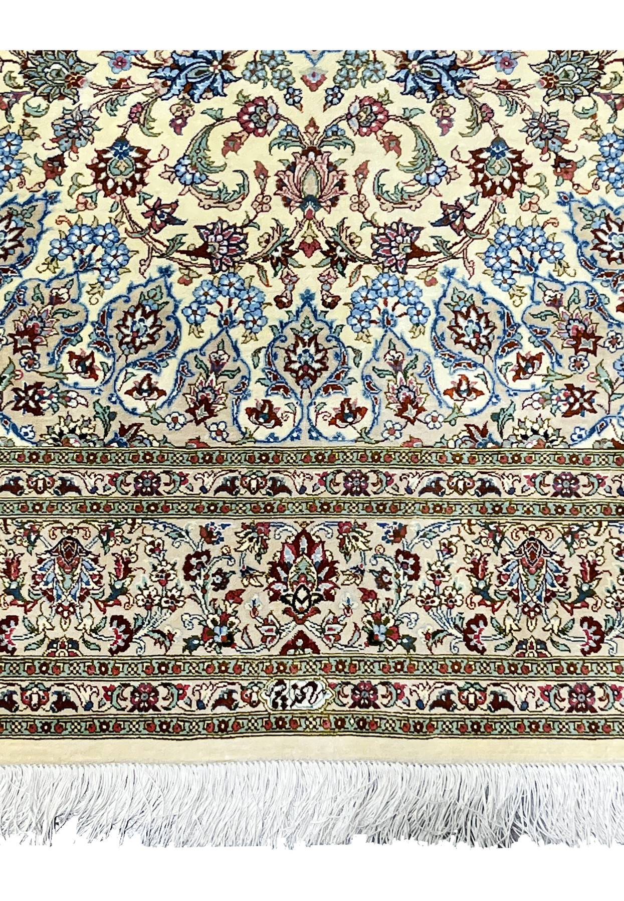 Lower border detail of a 4'5 x 6'7 signed Persian Qum silk rug displaying intricate floral bands, balanced spacing, and clean silk fringe finish.