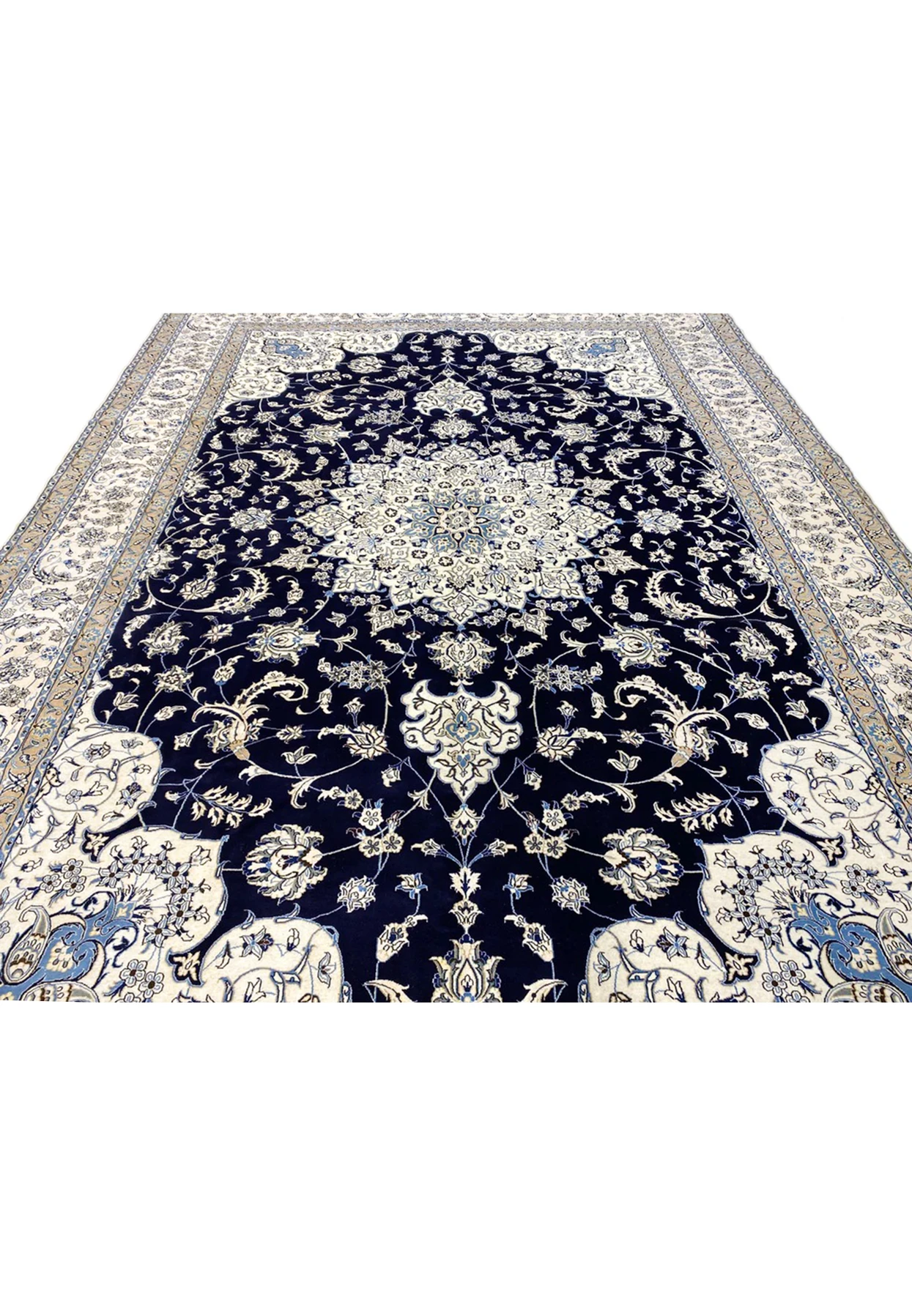 Laid-down view of a 10x19 Persian Nain 9 La rug displaying full medallion layout, navy field, ivory borders, and elegant proportions