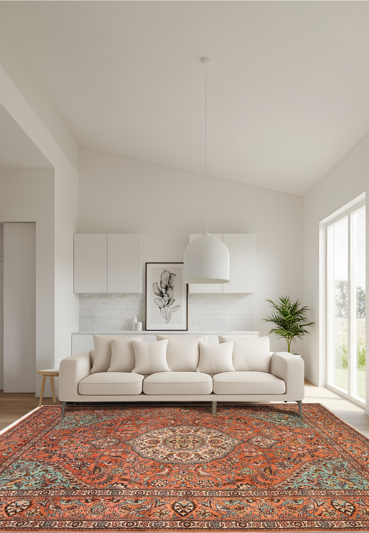 Full view of an 8'2 x 11'2 signed Paradies Persian Tabriz rug