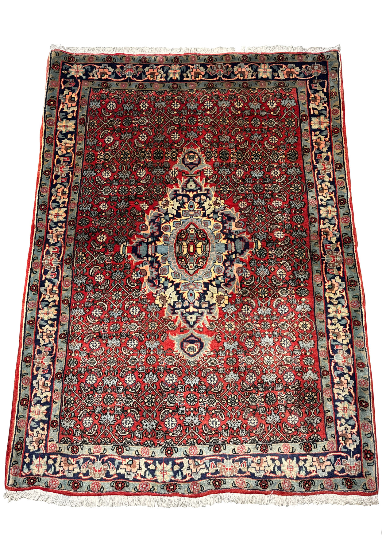 Full view of a 3'2 x 5'2 Persian Sarough rug with brick red field, floral rosette medallion, navy border, and dense traditional botanical pattern
