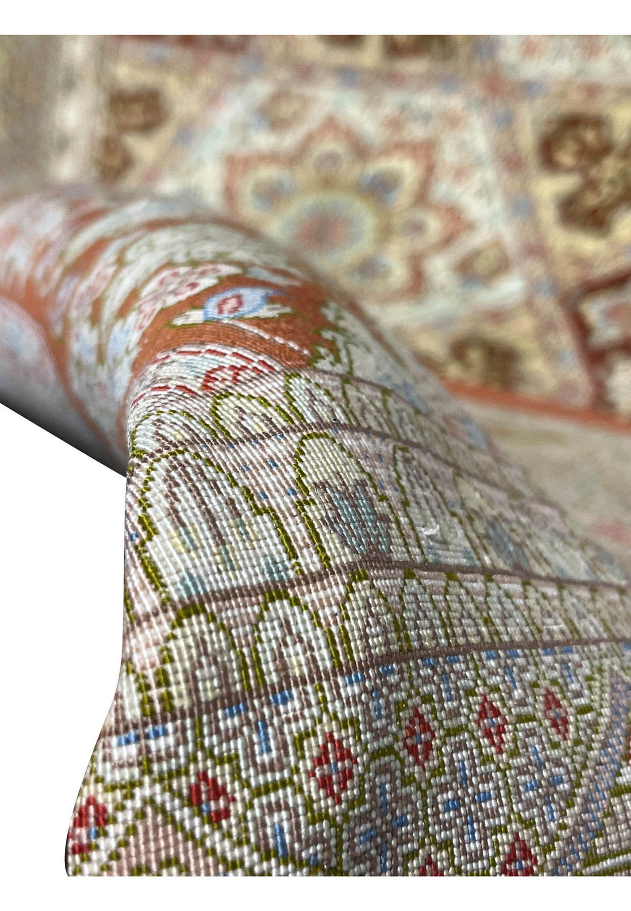 Zoomed backside detail of signed Amjadi Persian Qum silk rug highlighting tight knots, silk foundation, and exceptional weaving precision