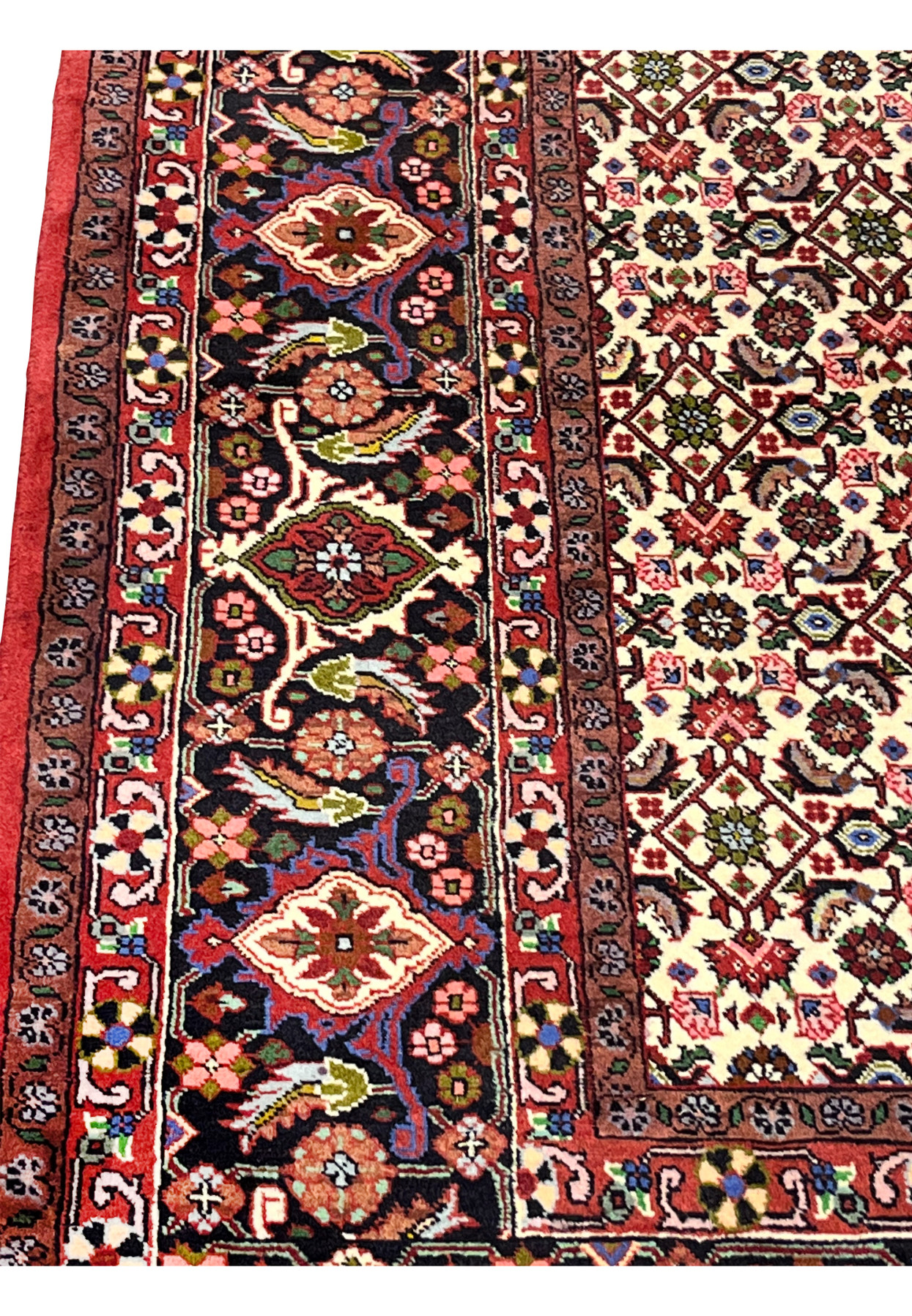 Close-up of Persian Bijar rug border revealing fine wool pile, layered floral motifs, olive greens, and crisp color separation