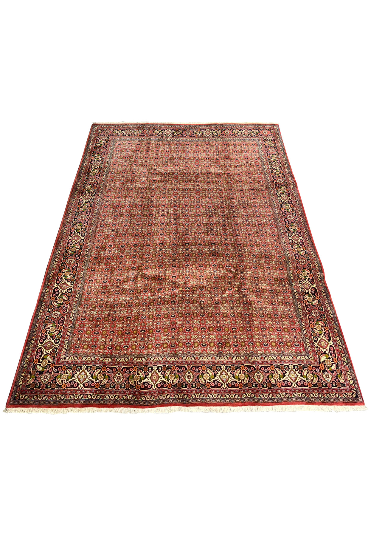 8'1 x 11'5 Persian Bijar rug laid flat showing dense red all-over geometric floral pattern and classic navy border