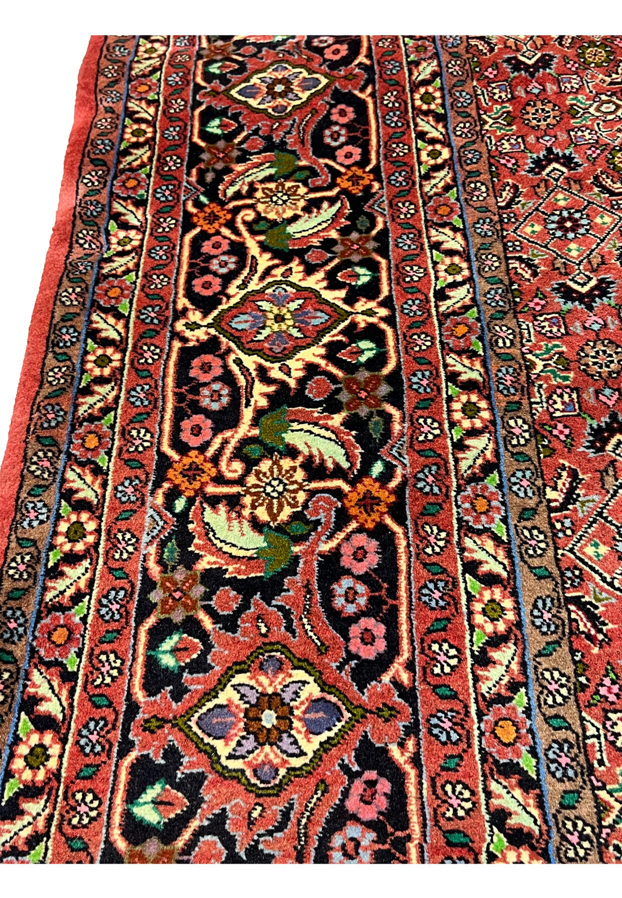Border close-up of Persian Bijar rug displaying crisp floral detailing and saturated natural dyes