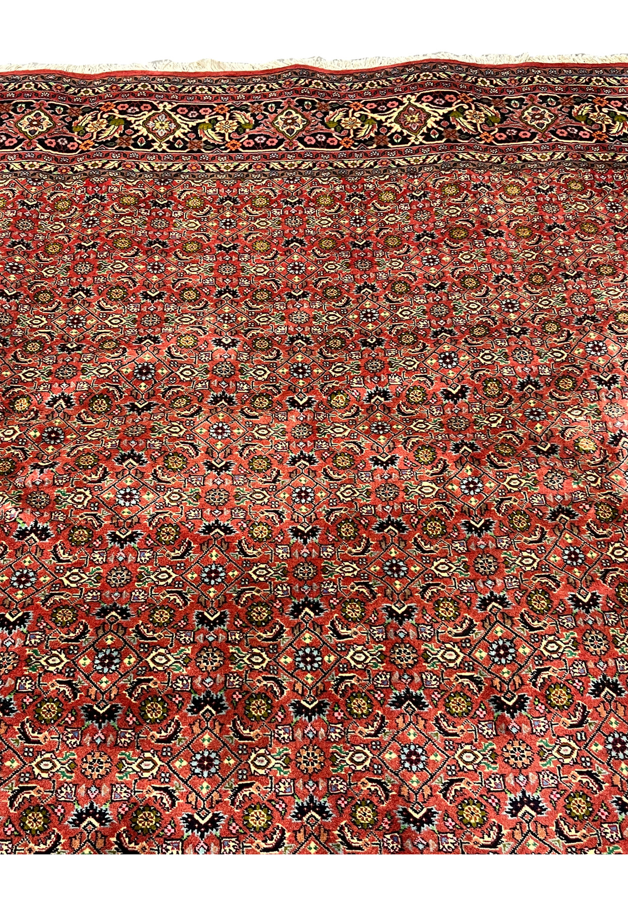 Upper section of Persian Bijar rug showing consistent weave density and harmonious color distribution