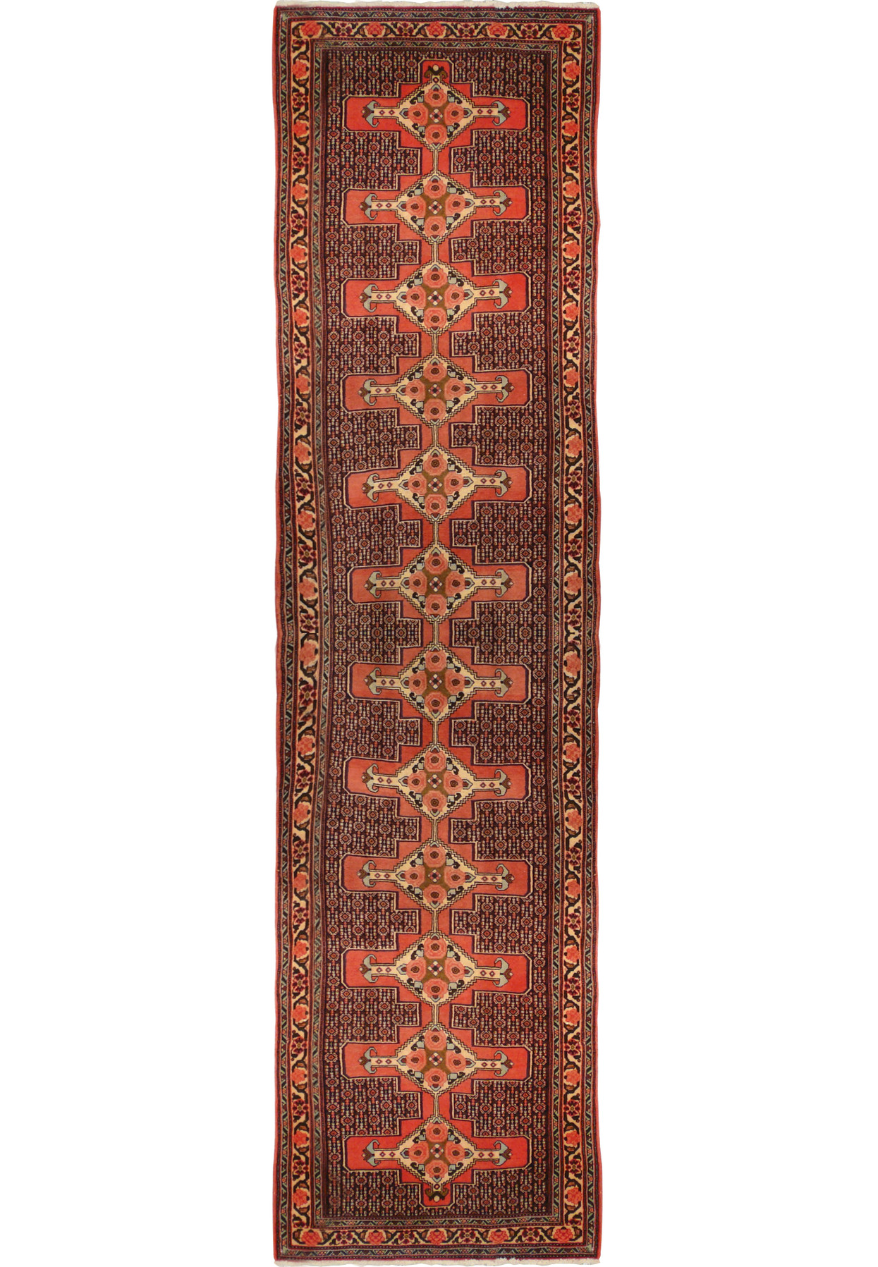 Full length Persian Senneh runner rug 3x12 hallway size red navy field with repeating medallions and floral border handmade wool