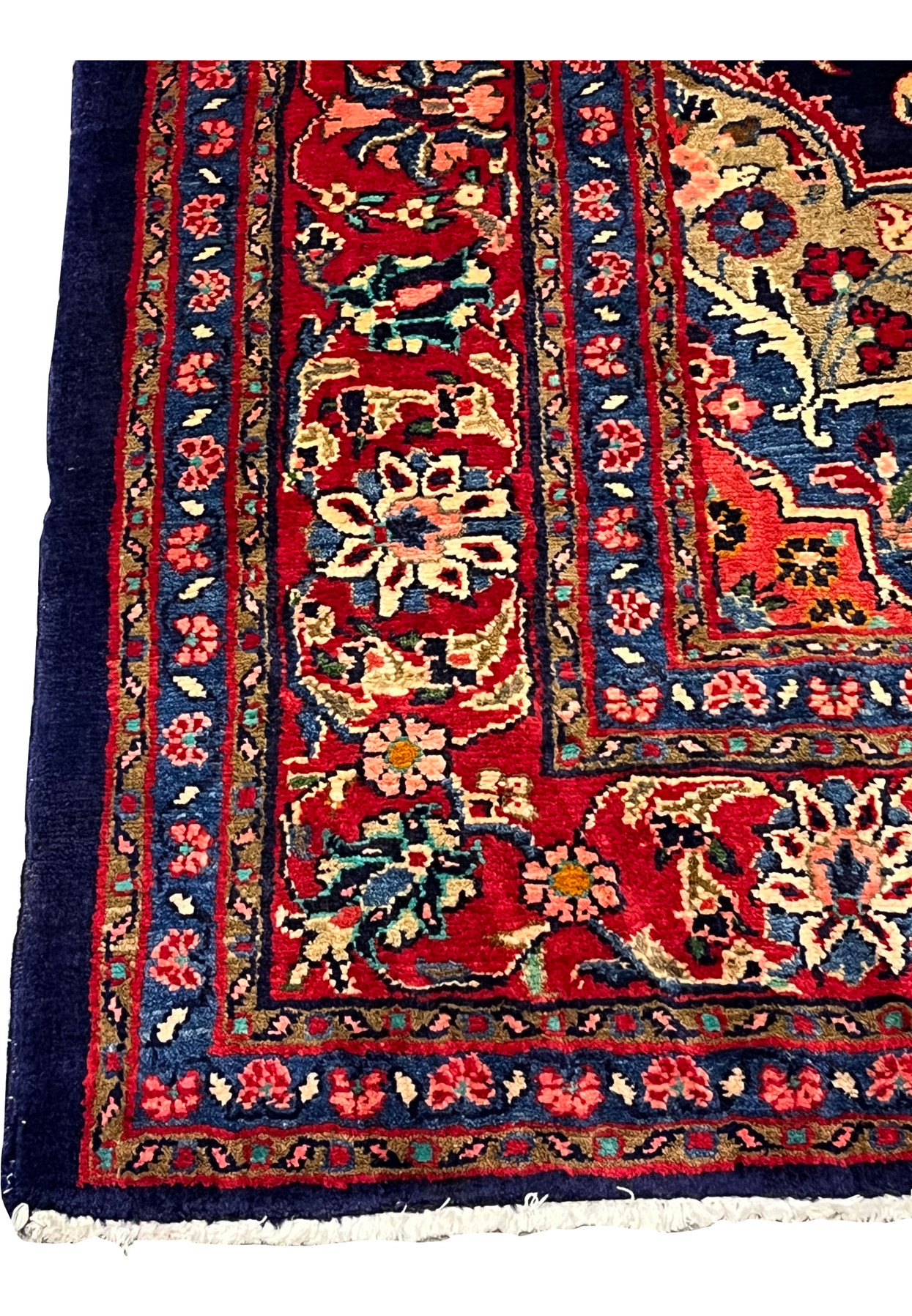 Side border close up red floral border navy guards and intricate hand knotted wool pattern detail