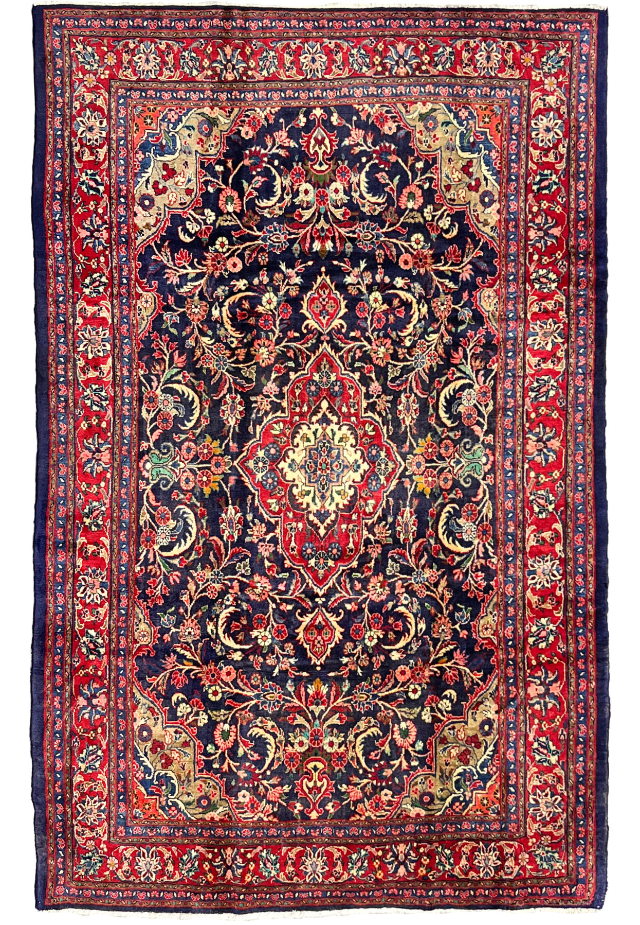 Hand knotted Persian Mahal rug 7x11 navy blue field red borders floral medallion traditional wool area rug full overhead view