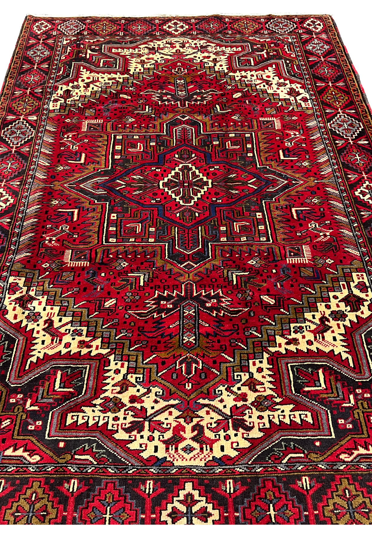 Top view of Persian Heriz area rug showing geometric medallion stepped motifs dense tribal field and classic border proportions