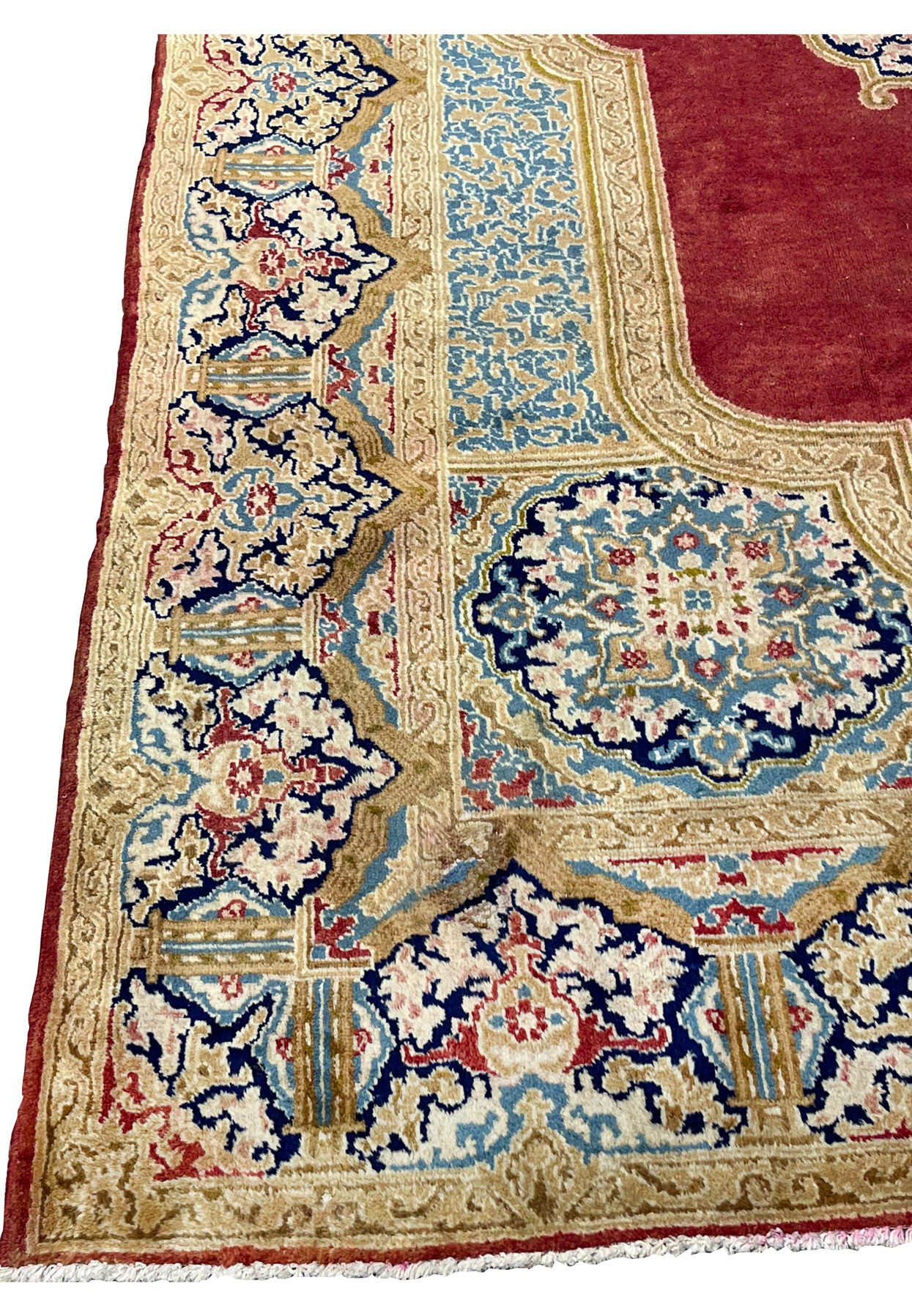 Main border detail antique Persian rug with repeating floral cartouches navy outlines ivory ground traditional palace design