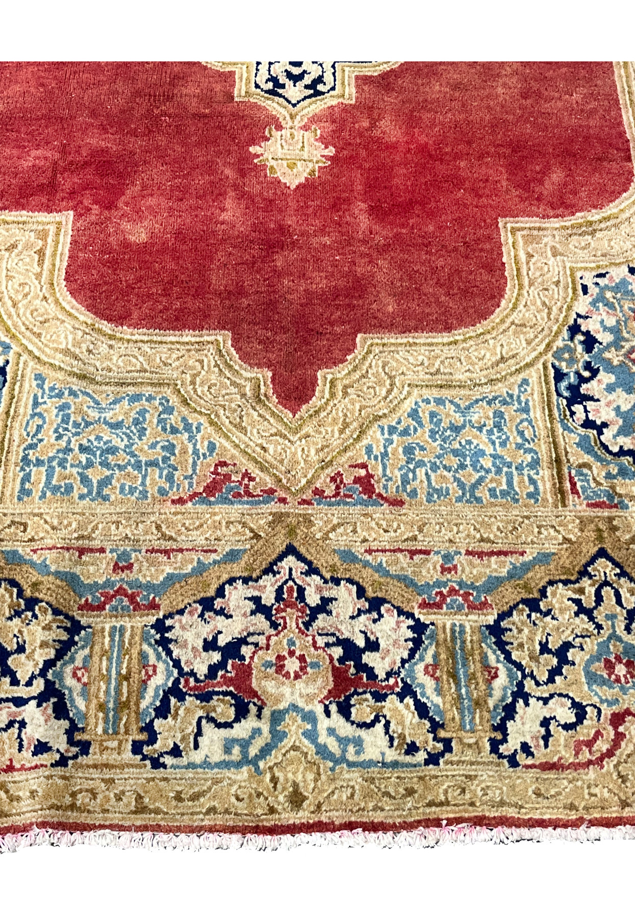 Lower border closeup Persian Kerman rug ivory floral guard borders blue and gold details distressed antique character