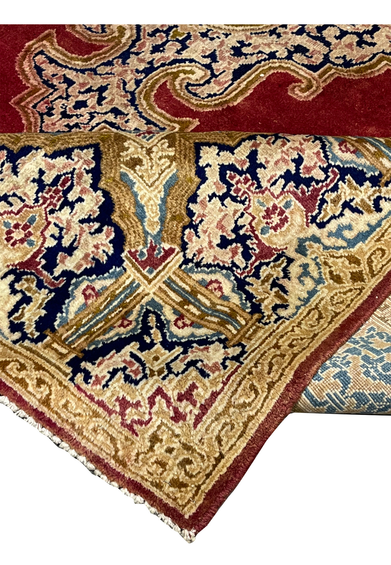 Folded corner view showing pile depth, backing weave and durability of traditional Persian knot structure
